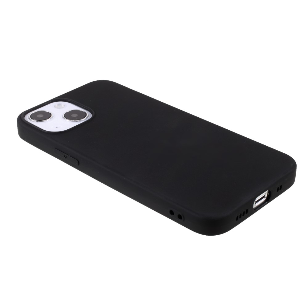 Custodia nera per telefono con ritaglio fotocamera e aperture porta su sfondo bianco.