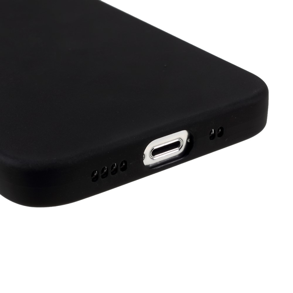 Custodia nera per telefono con porta di ricarica e fori.