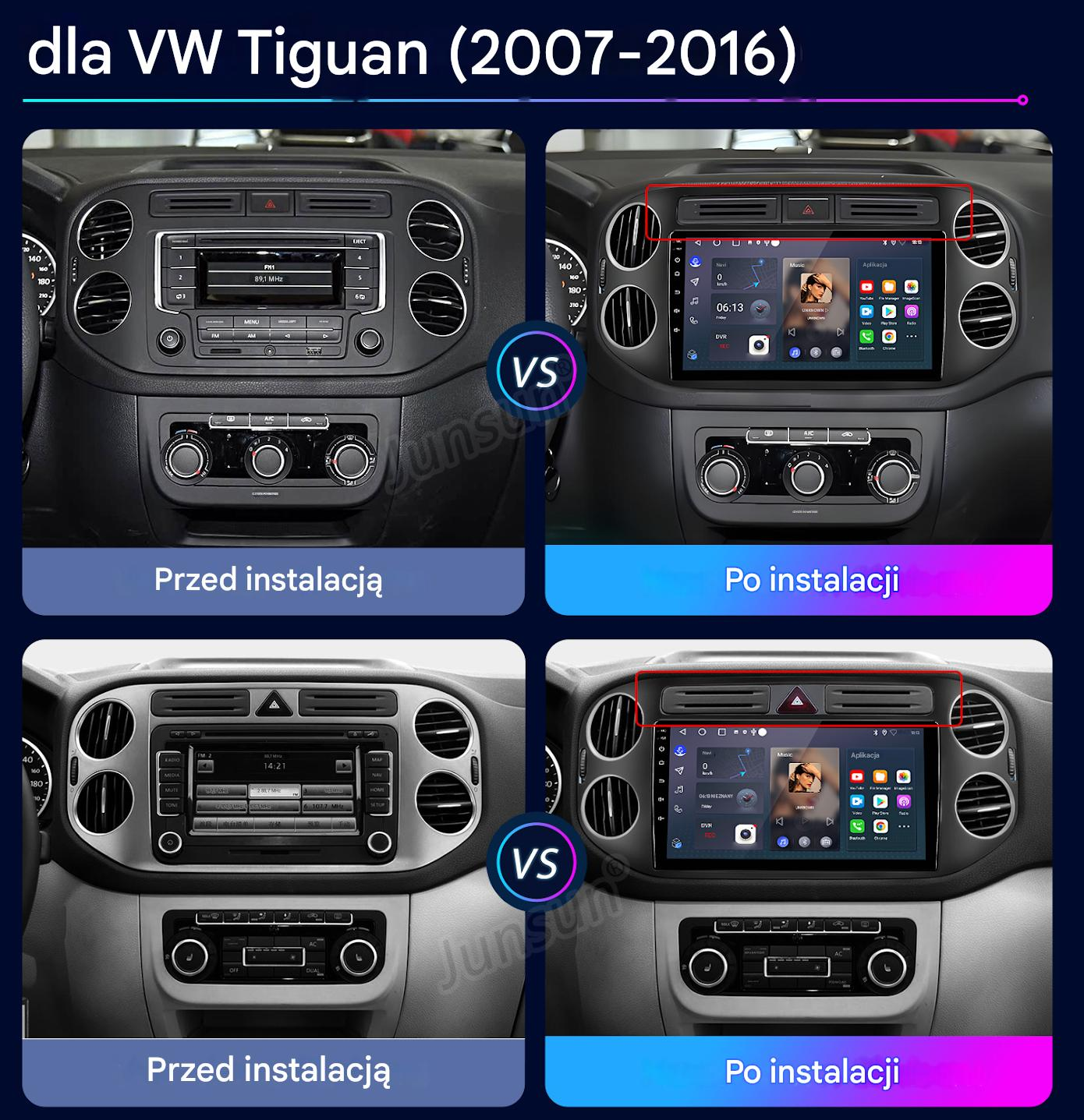 Porównanie deski rozdzielczej VW Tiguan przed i po instalacji starego i nowego systemu infotainment.