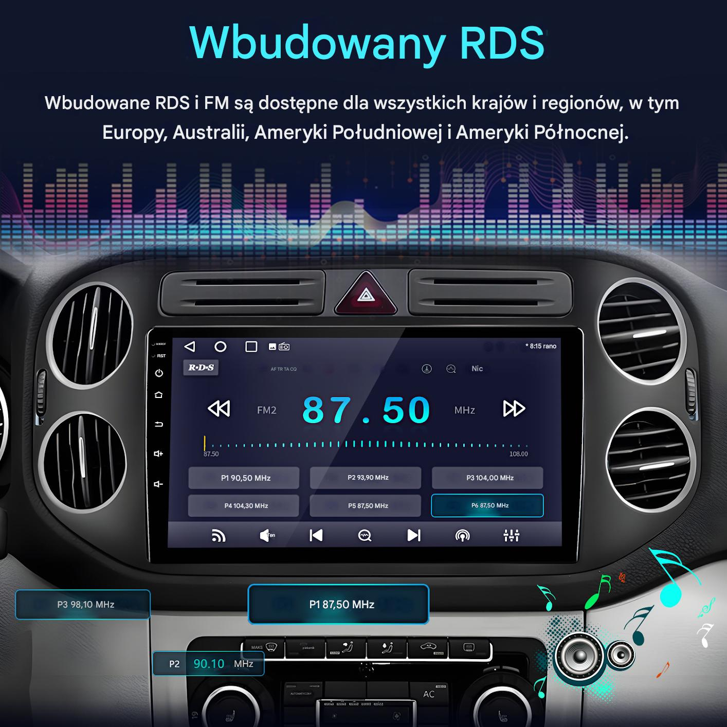 Ekran radia samochodowego wyświetla informacje RDS i FM, stacje oraz częstotliwości.