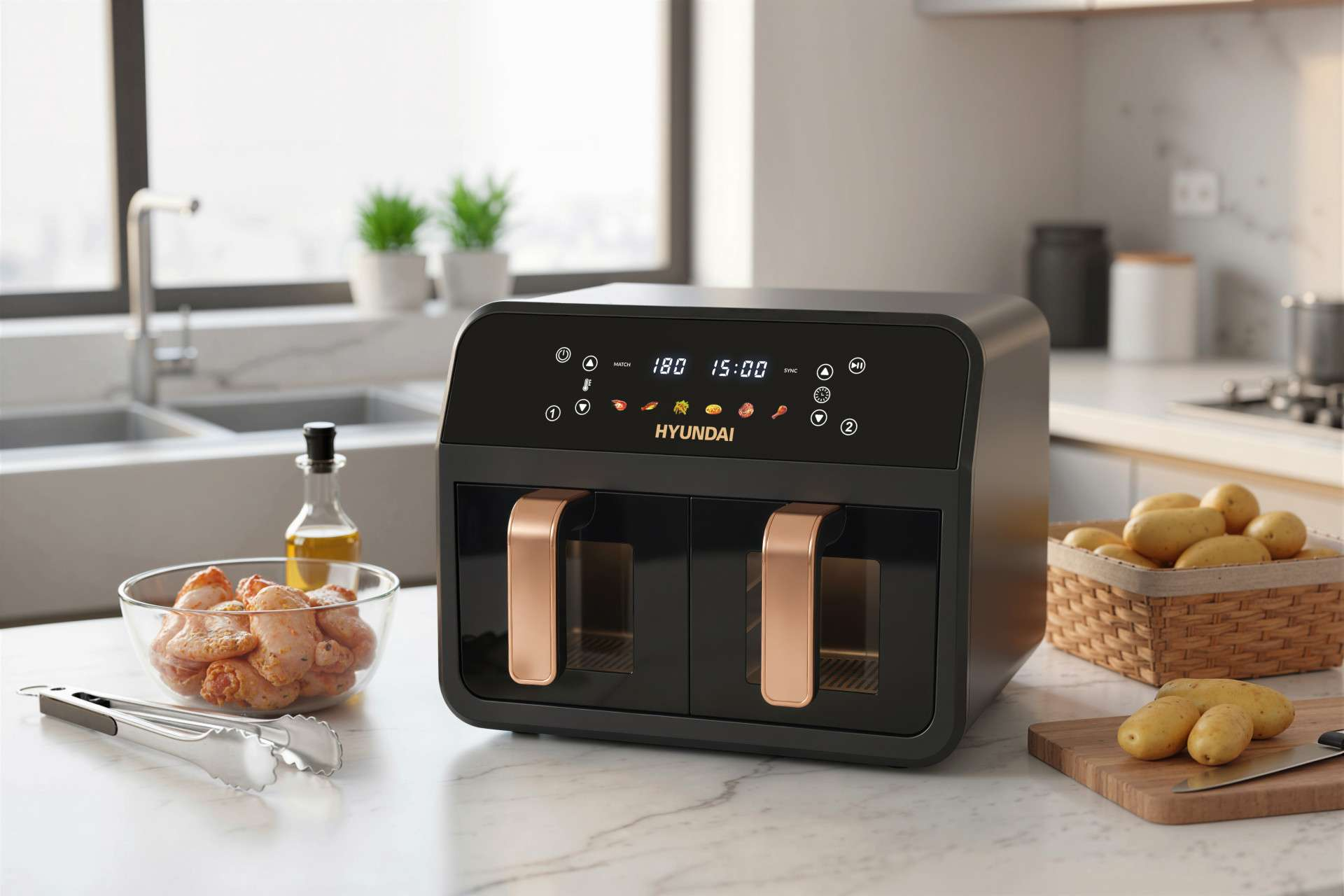 A black Hyundai dual air fryer with copper handles on a kitchen counter.
