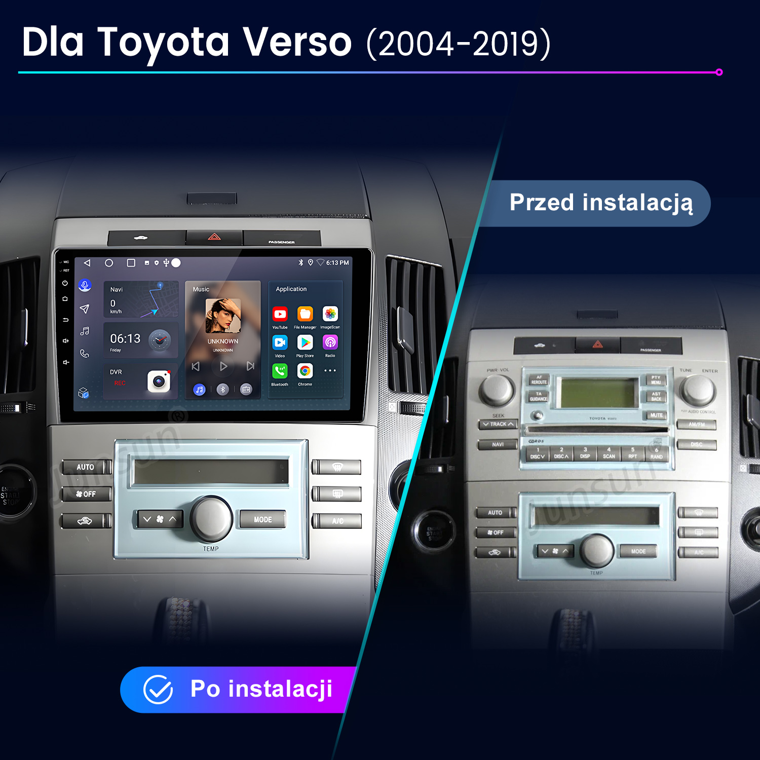 Porównanie Toyota Verso radio samochodowe przed i po instalacji ekranu dotykowego.