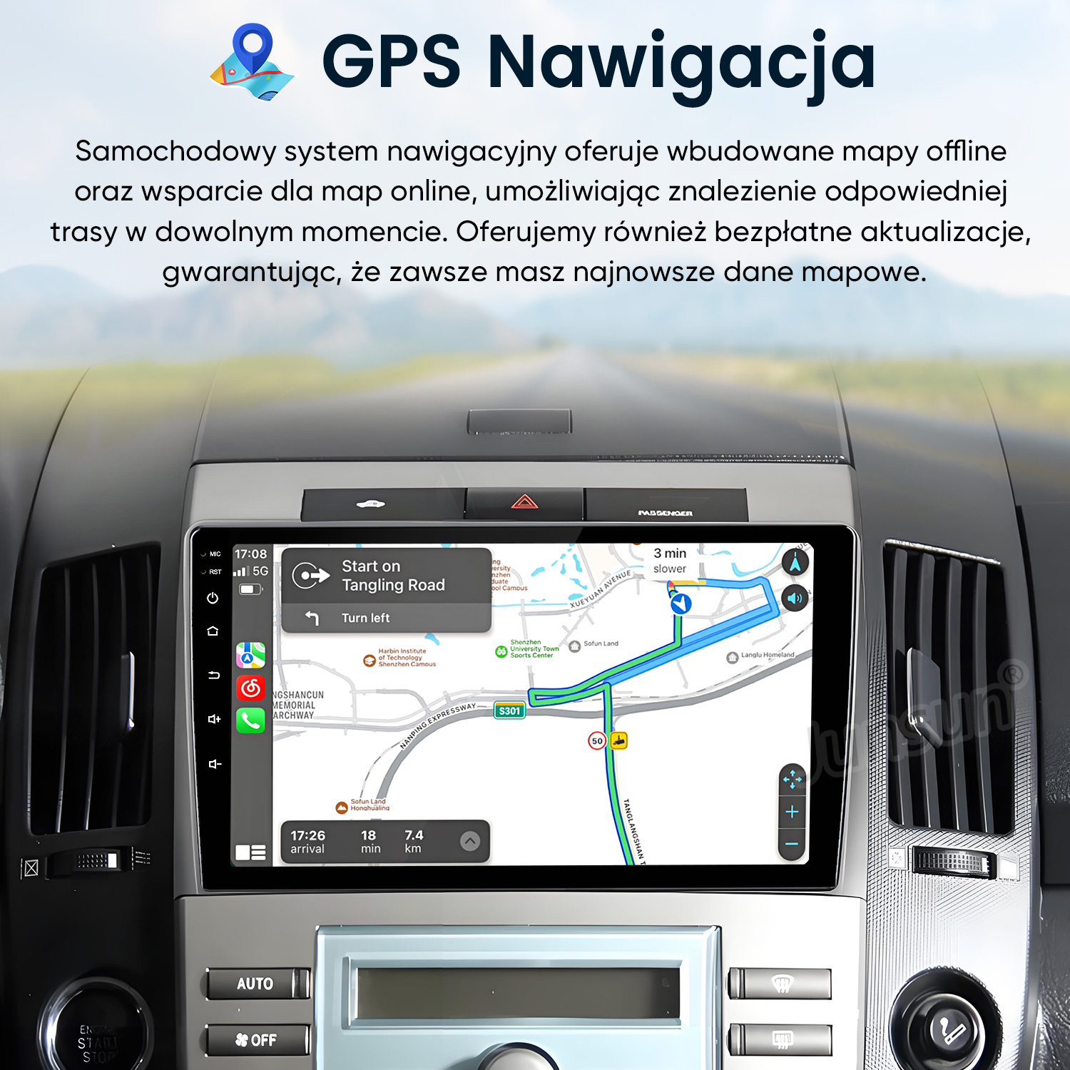 Ekran nawigacji samochodowej pokazujący trasę na mapie z instrukcjami.