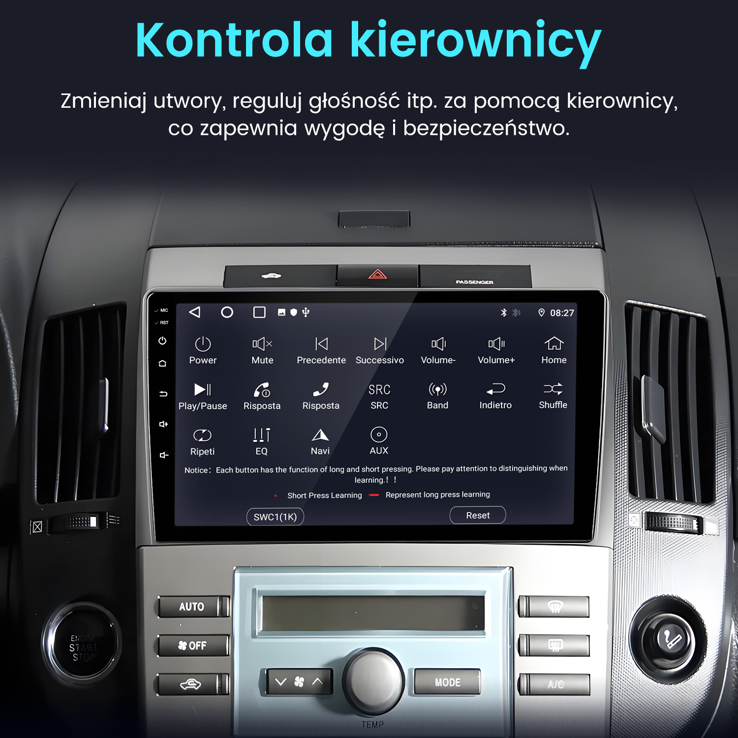 Deska rozdzielcza samochodu z dotykowym systemem multimedialnym wyświetlającym sterowanie kierownicą.