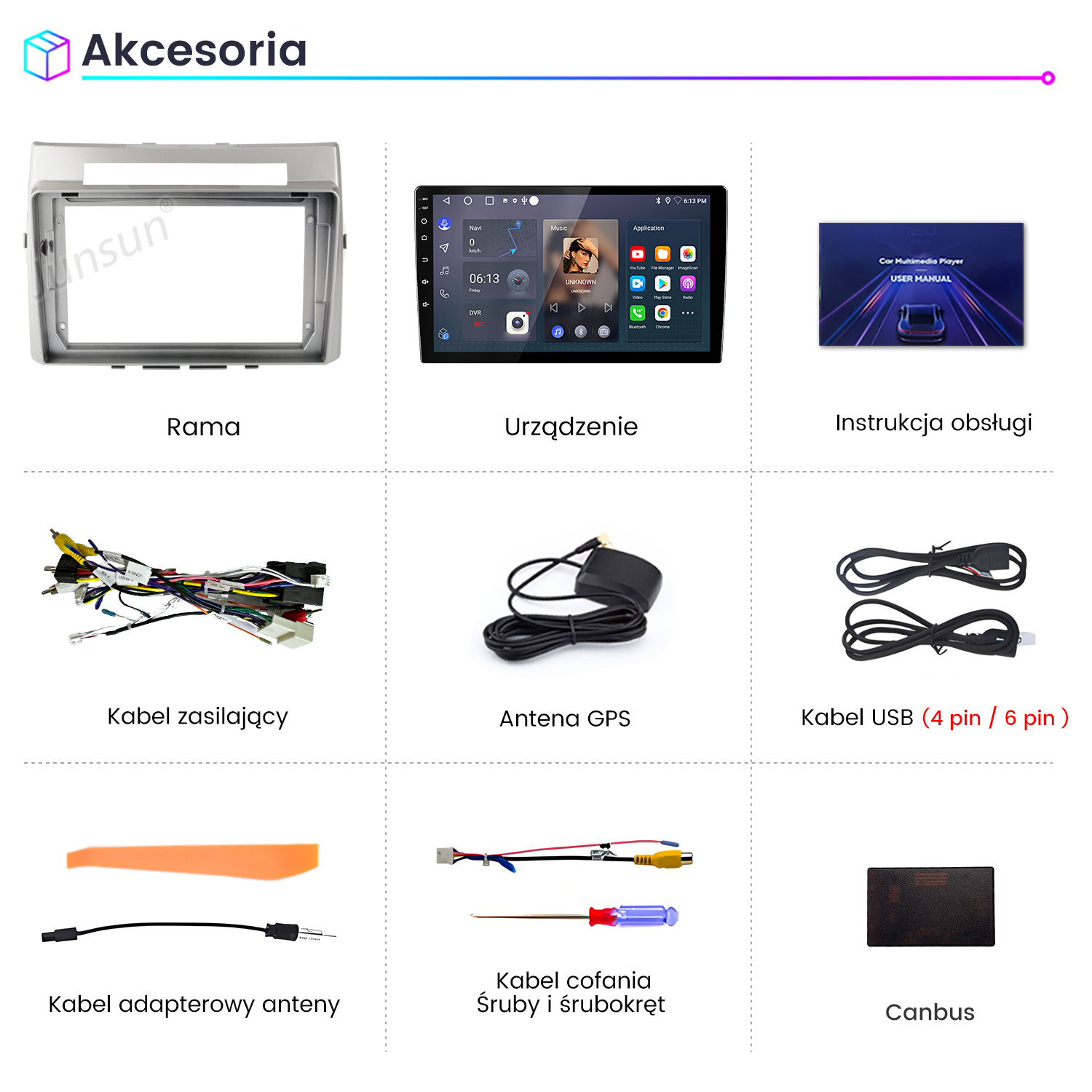 Srebrna ramka, wyświetlacz radia samochodowego, instrukcja obsługi, kable, antena GPS, kable USB, adapter, kabel kamery cofania i Canbus.