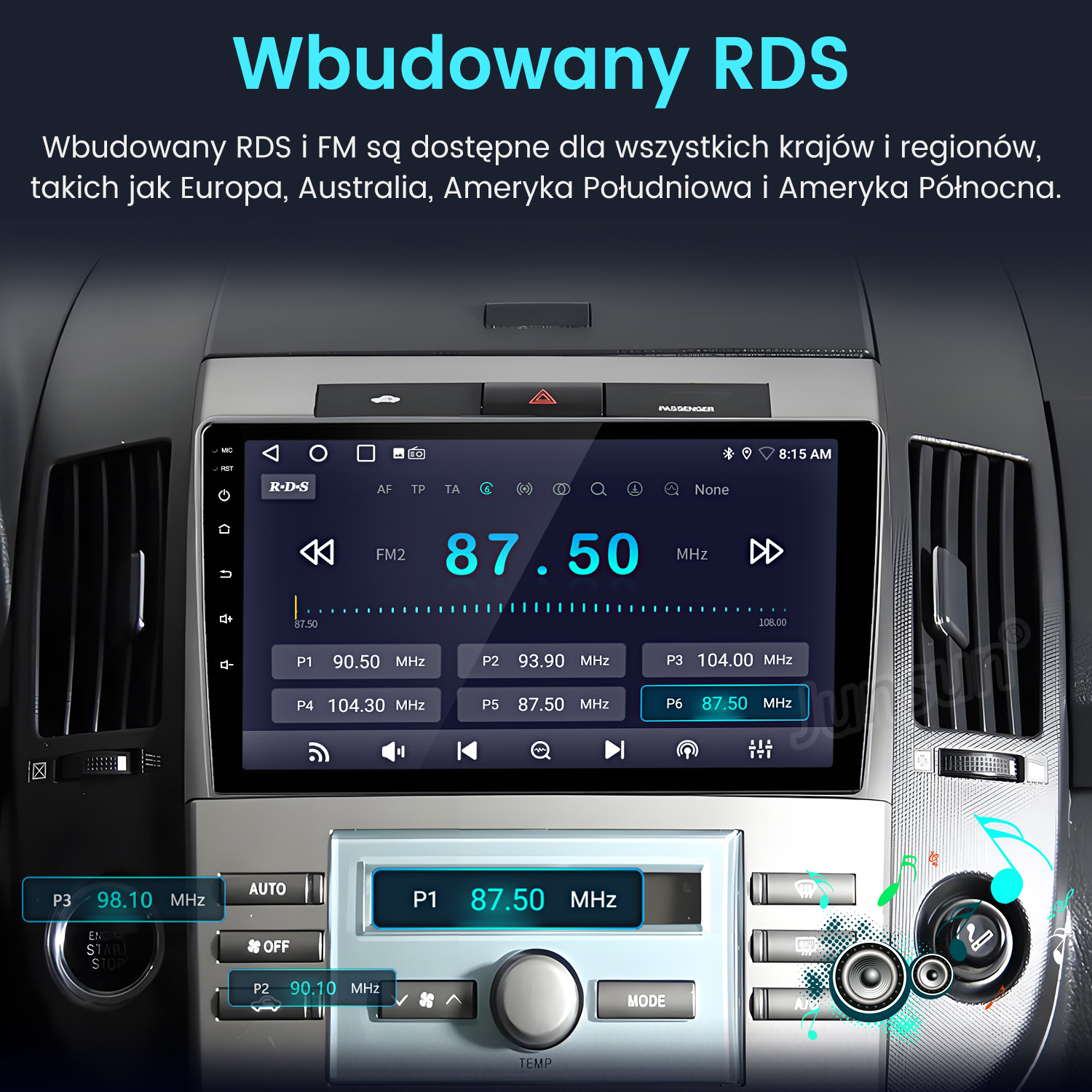 Ekran radia samochodowego z RDS, częstotliwościami i ustawieniami. Zawiera kontrolki.