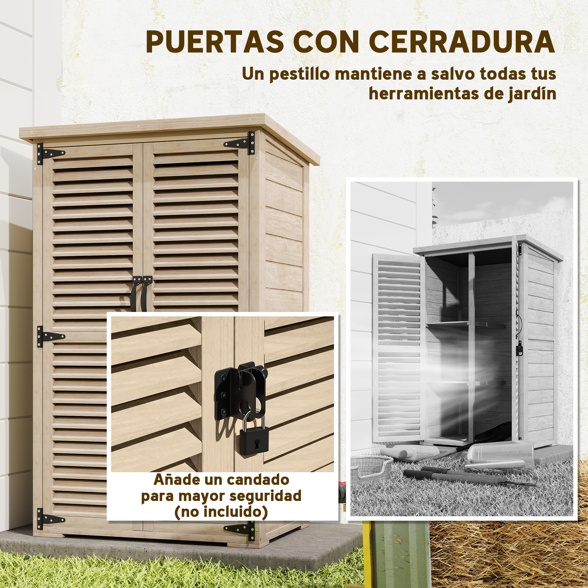 Armario de madera con puertas de lamas aseguradas con cerradura.