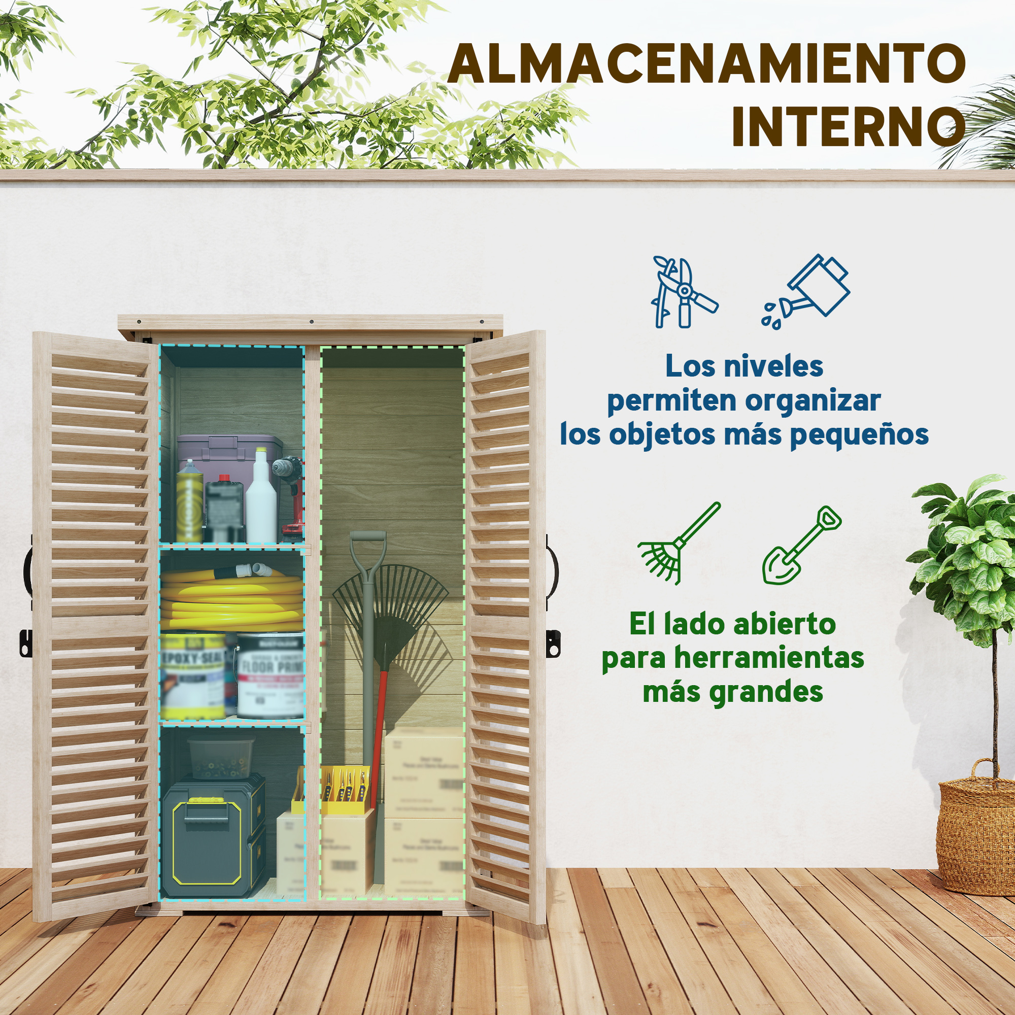 Armario de madera con herramientas y contenedores, rastrillo y cubo al lado.