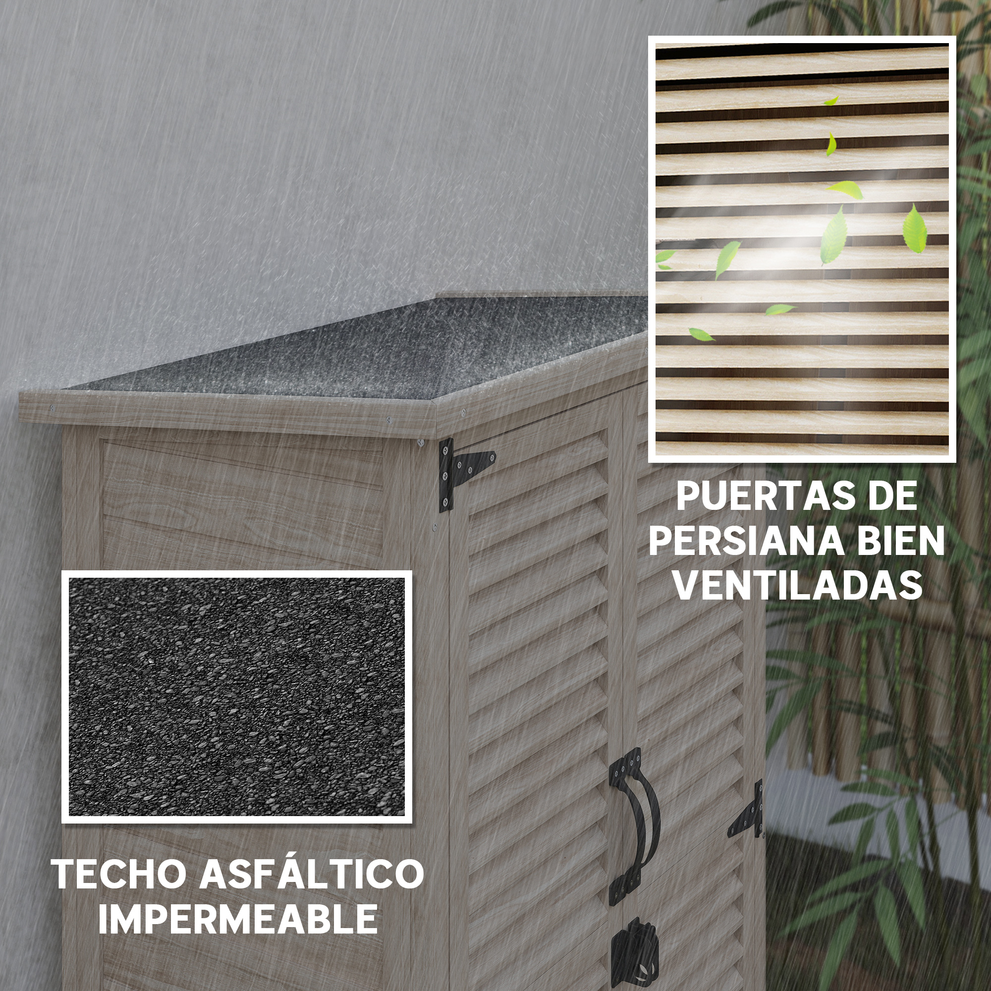 Cobertizo de madera con puertas de persiana y techo asfáltico bajo la lluvia.