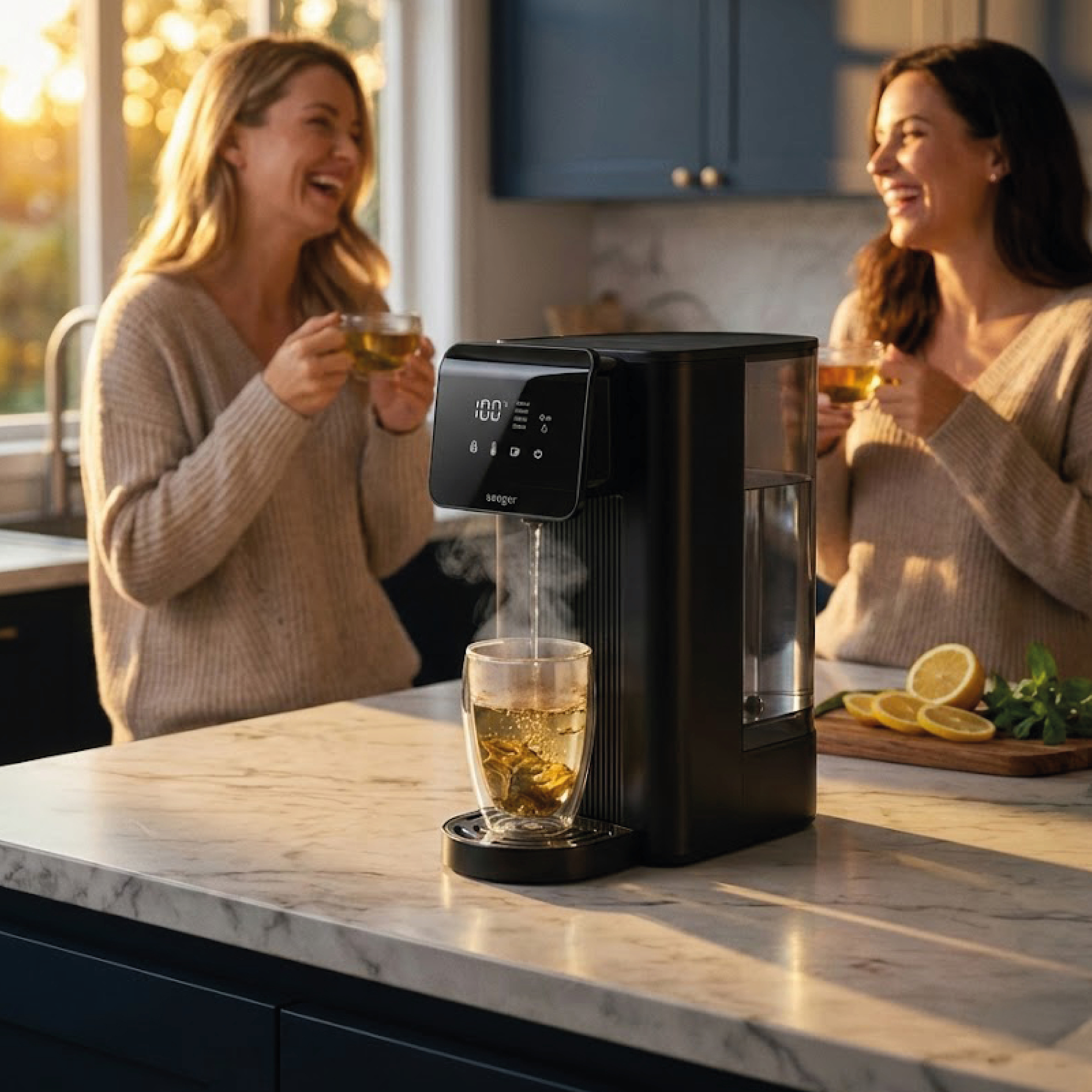 Two women laugh in a kitchen as hot water is poured into a glass of tea.