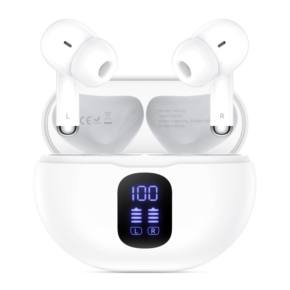 Auricolari wireless bianchi in una custodia di ricarica con display digitale che mostra il 100% di batteria.
