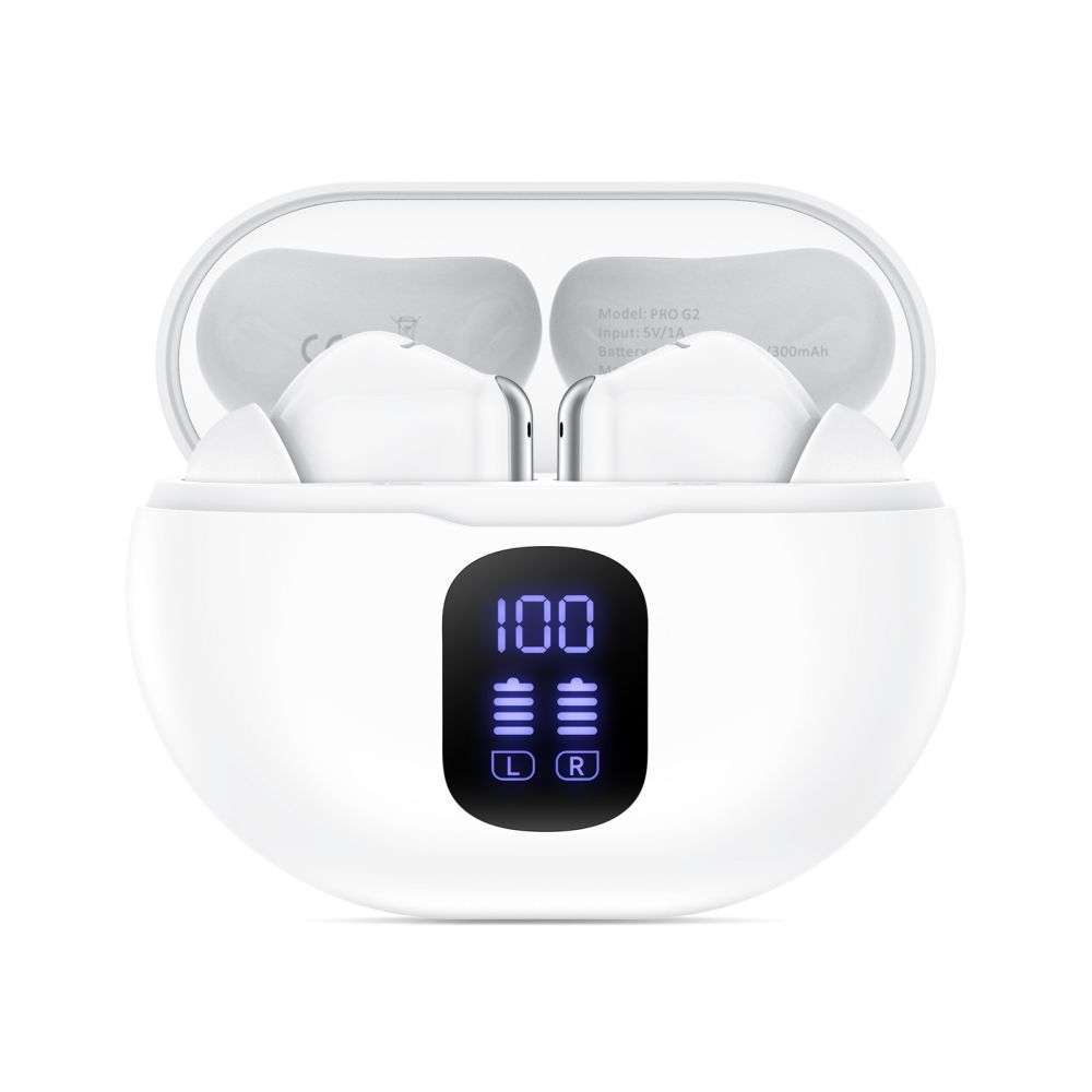 Custodia bianca per auricolari con display digitale che mostra 100% di batteria e indicatori L/R.