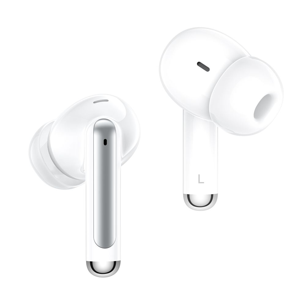 Due auricolari wireless bianchi con accenti argentati su sfondo bianco.