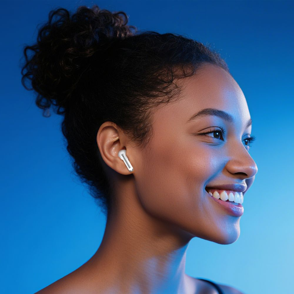 Una giovane donna con i capelli raccolti indossa auricolari bianchi su sfondo blu.