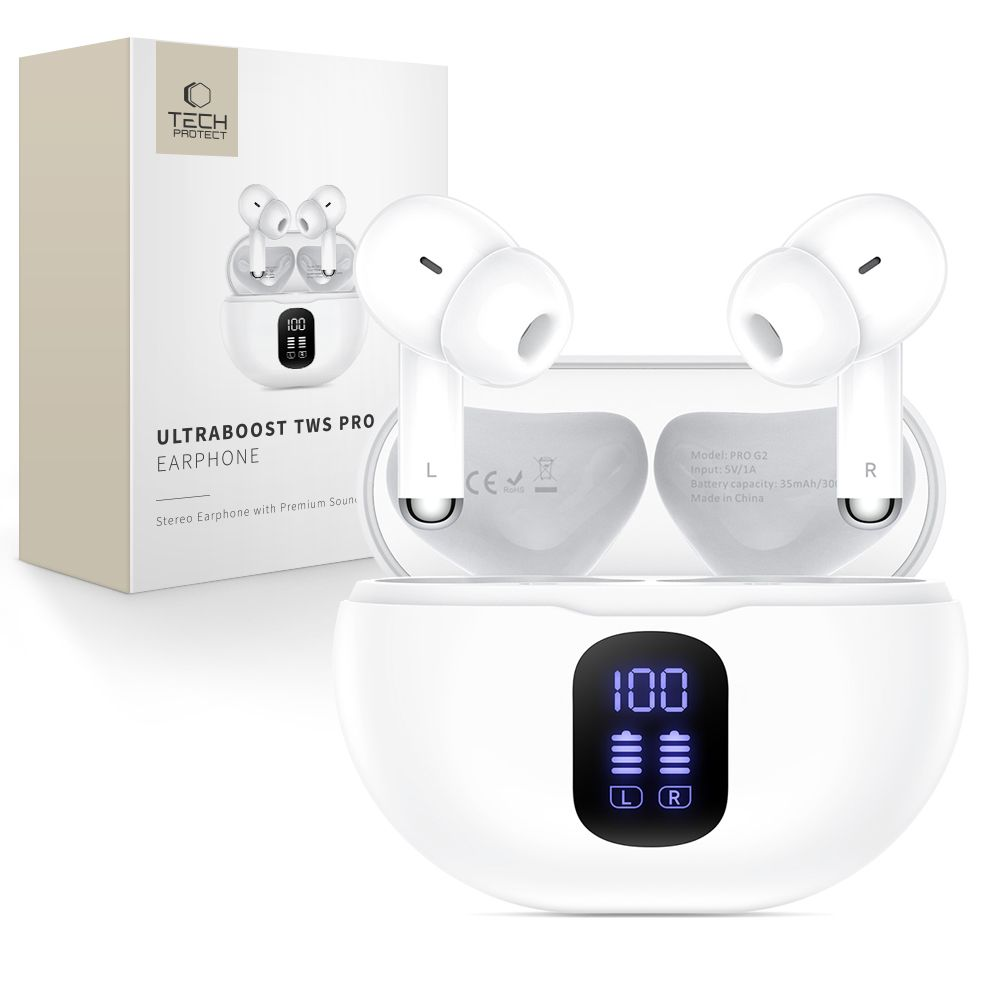 Auricolari TWS bianchi con custodia di ricarica dotata di schermo digitale.
