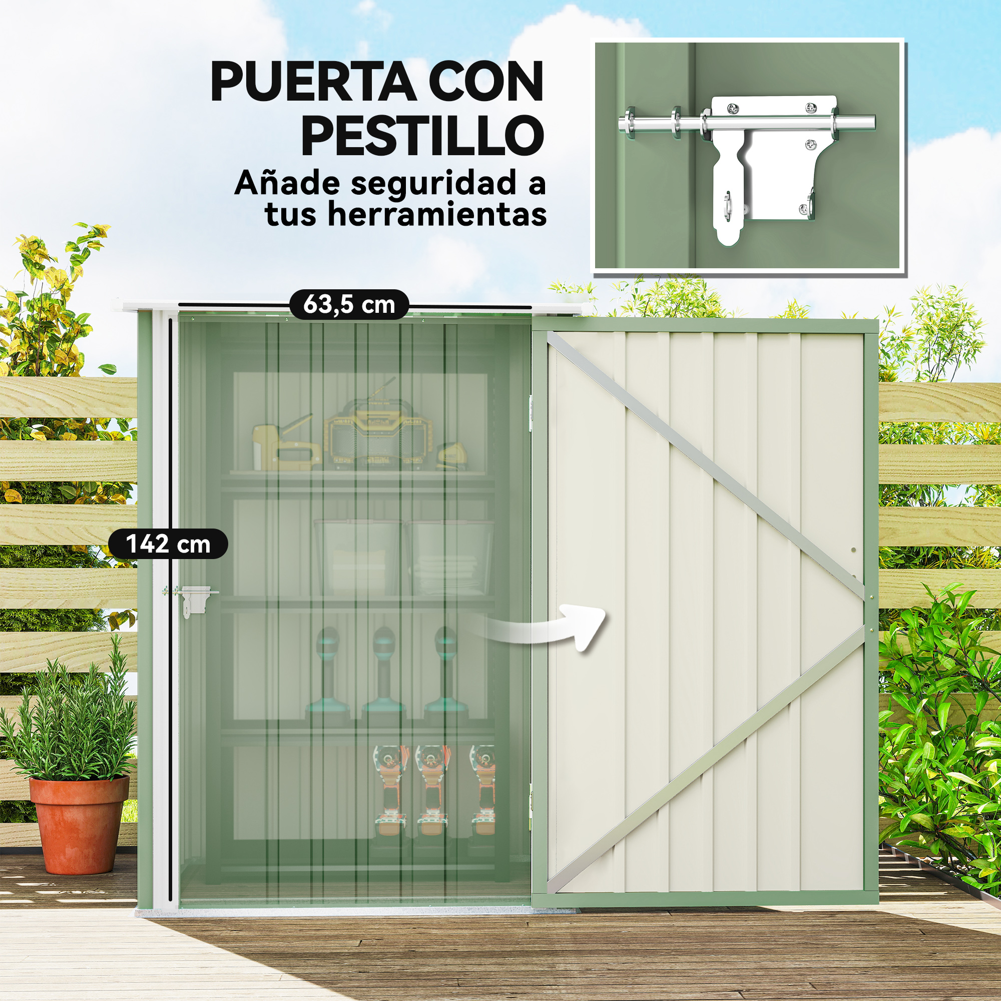Puerta de cobertizo verde con cerrojo plateado, medidas 142x63,5cm.