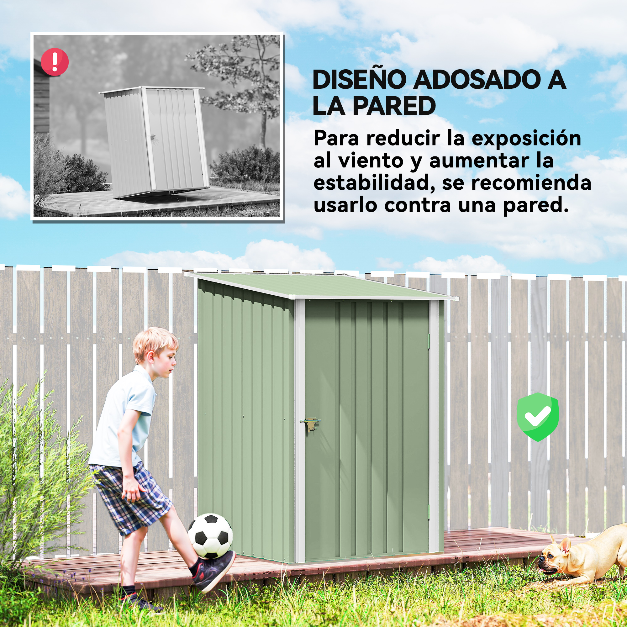 Un niño juega al fútbol junto a un cobertizo verde. Un perro yace en el césped.