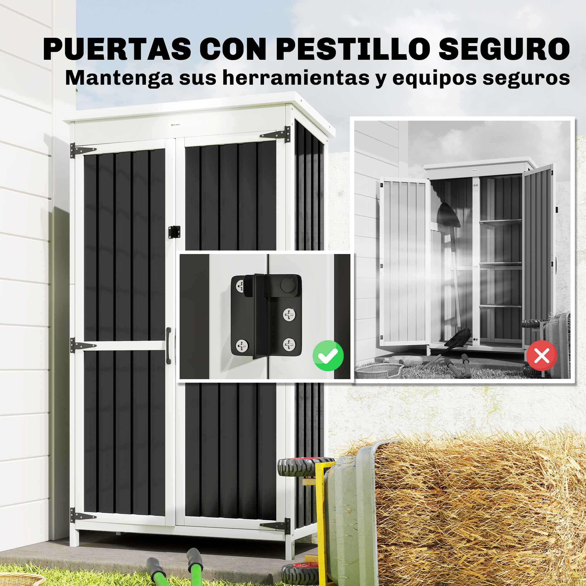Un armario blanco con puertas negras y un pestillo. Hay herramientas dentro.