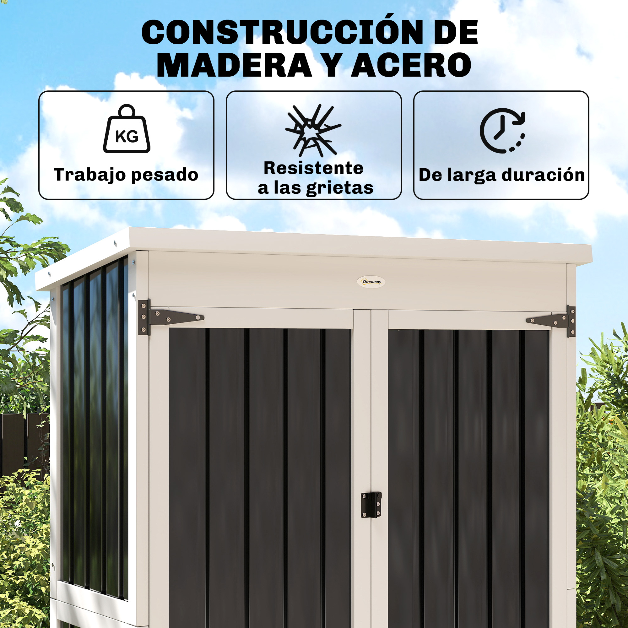 Construcción de madera y acero con tres iconos: trabajo pesado, resistente, duradero.