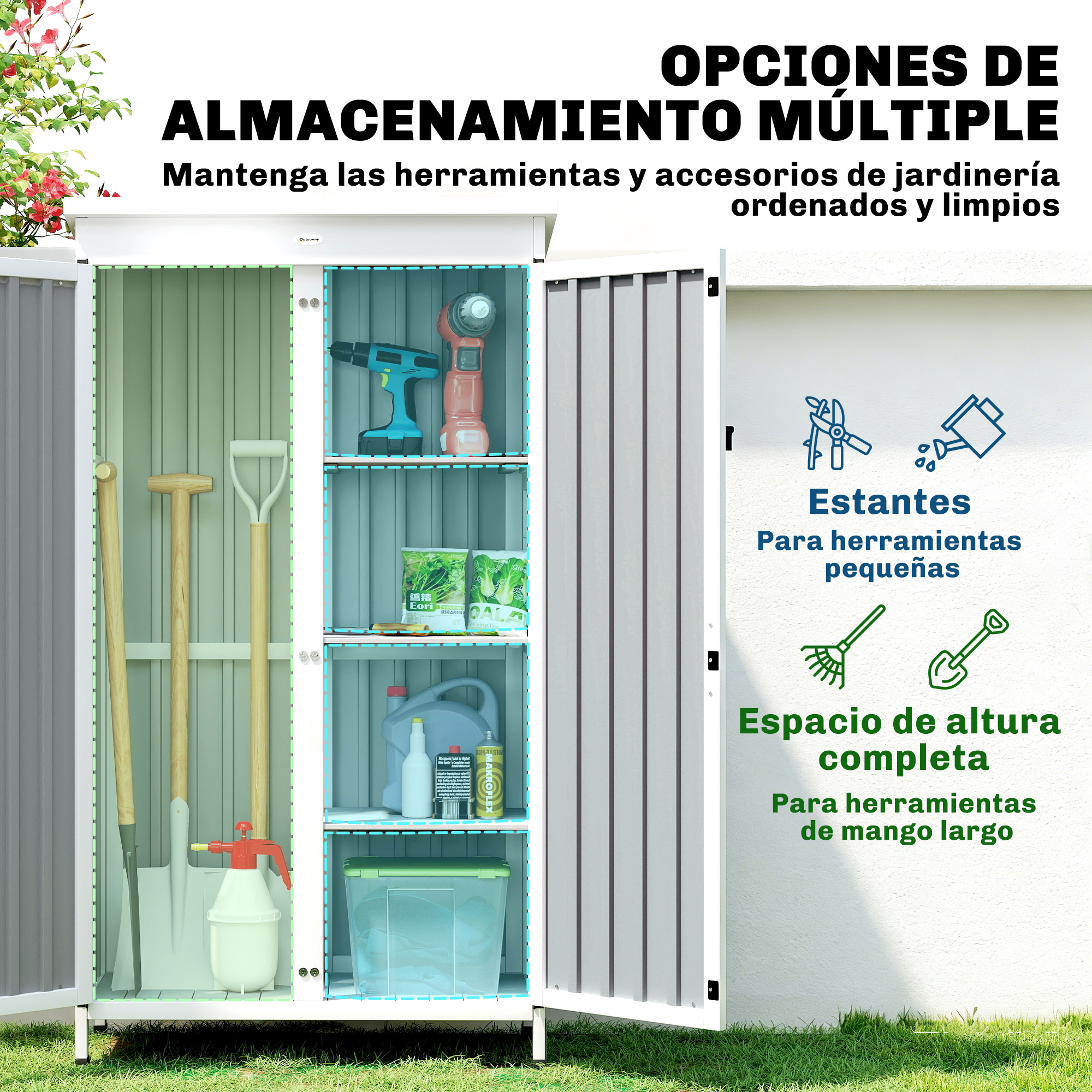 Armario de almacenamiento blanco con herramientas y suministros de limpieza, al aire libre.