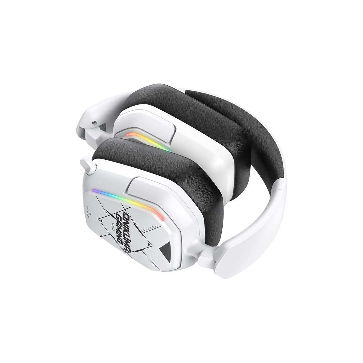 Weiße Gaming-Kopfhörer mit schwarzer Polsterung und RGB-Lichteffekten.