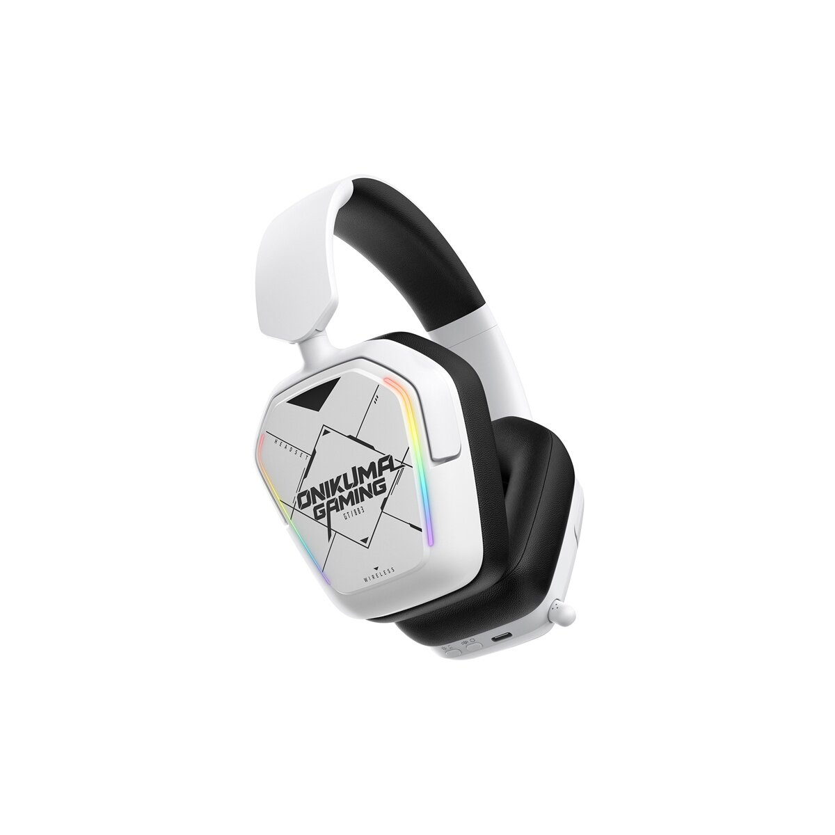 Ein weißes Gaming-Headset mit schwarzen Ohrmuscheln und RGB-Lichteffekten.
