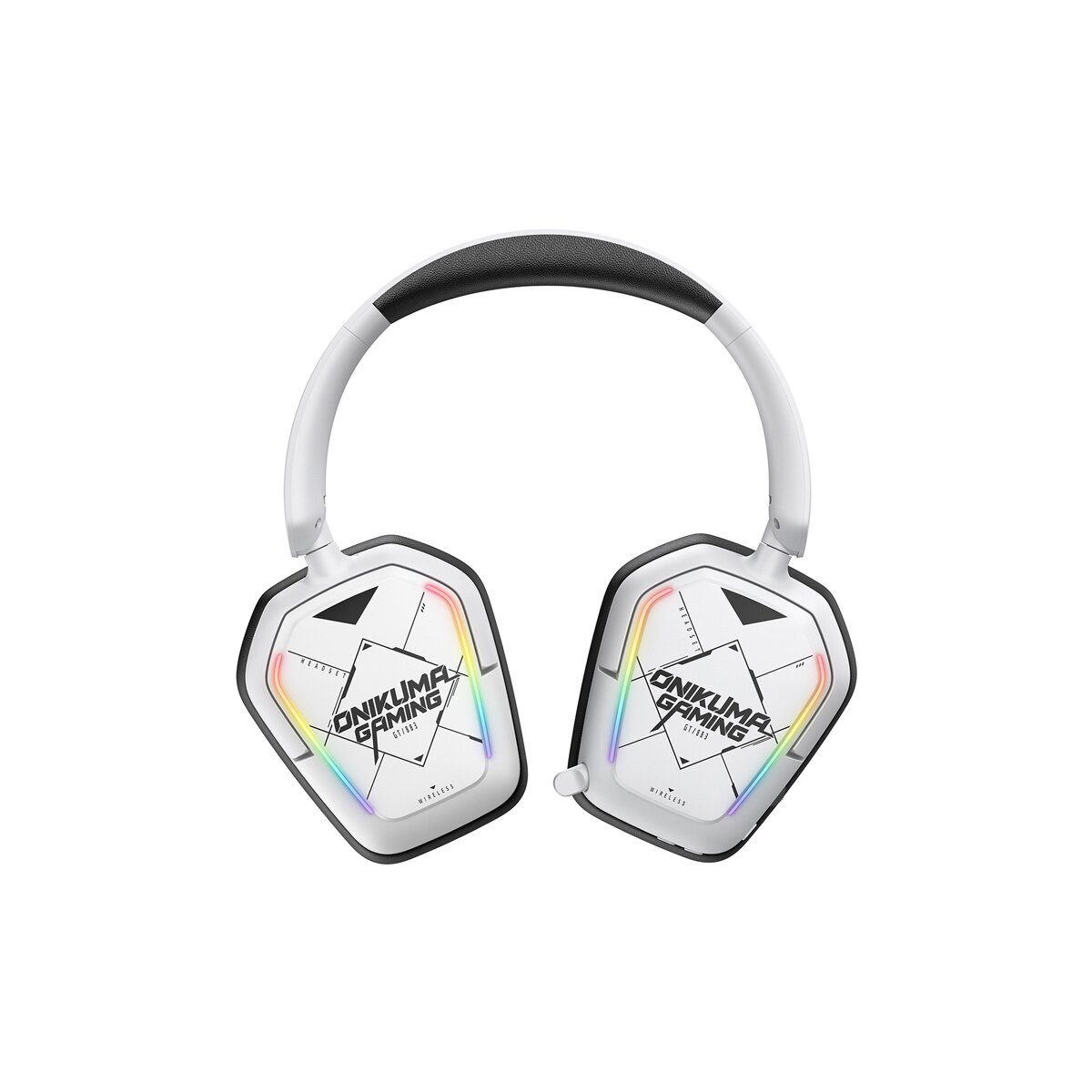 Weißes Gaming-Headset mit RGB-Beleuchtung an den Ohrmuscheln.