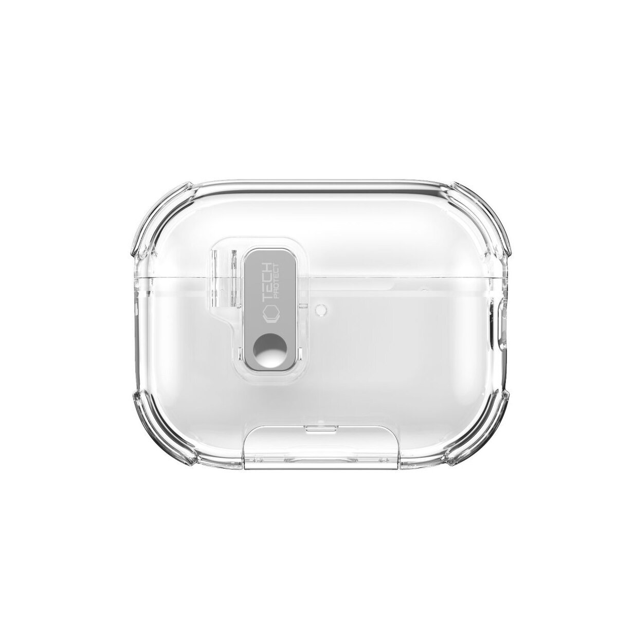 Transparente Hülle für Kopfhörer mit silbernem Logo.