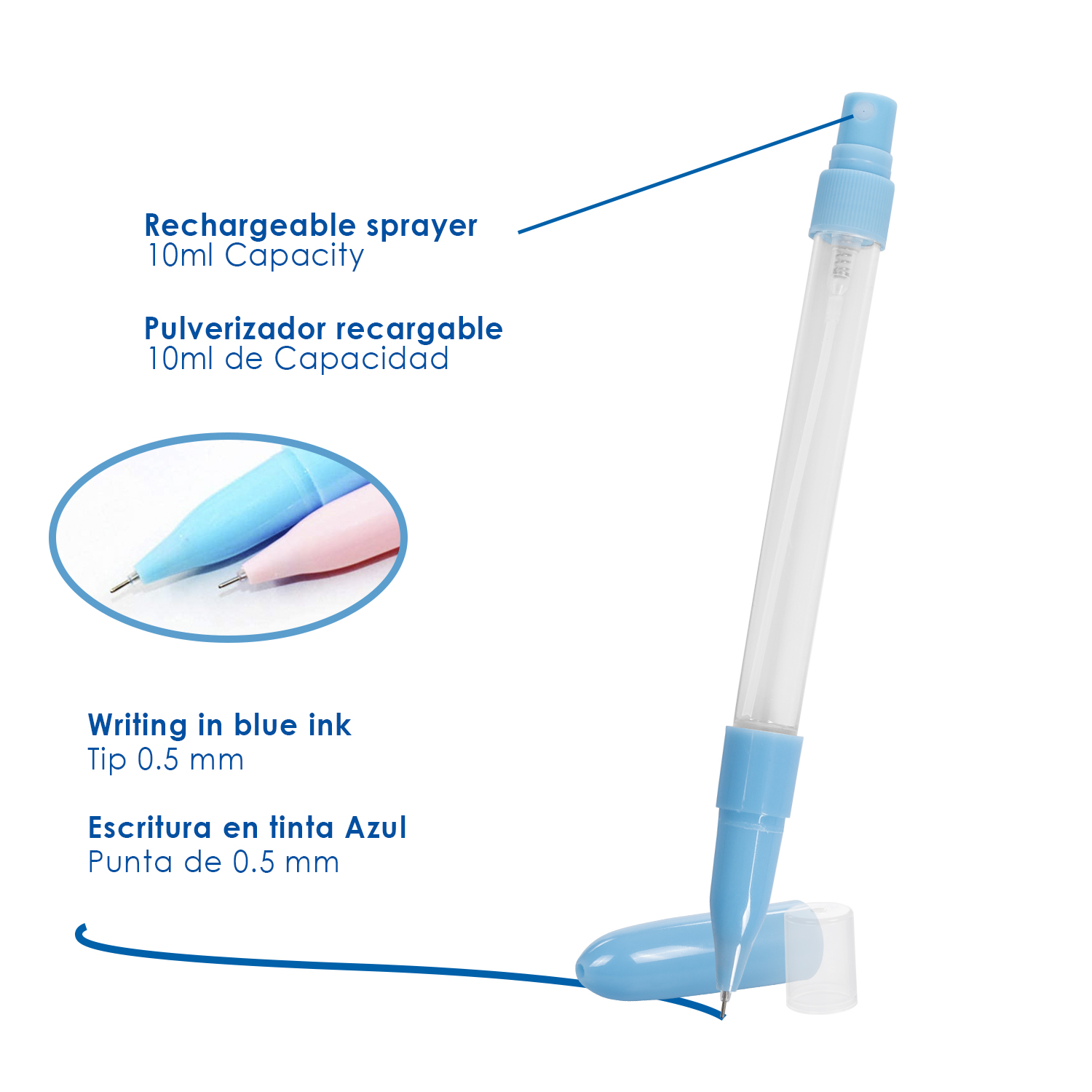 Un bolígrafo rociador azul y blanco de 10ml de capacidad y punta de 0.5mm.