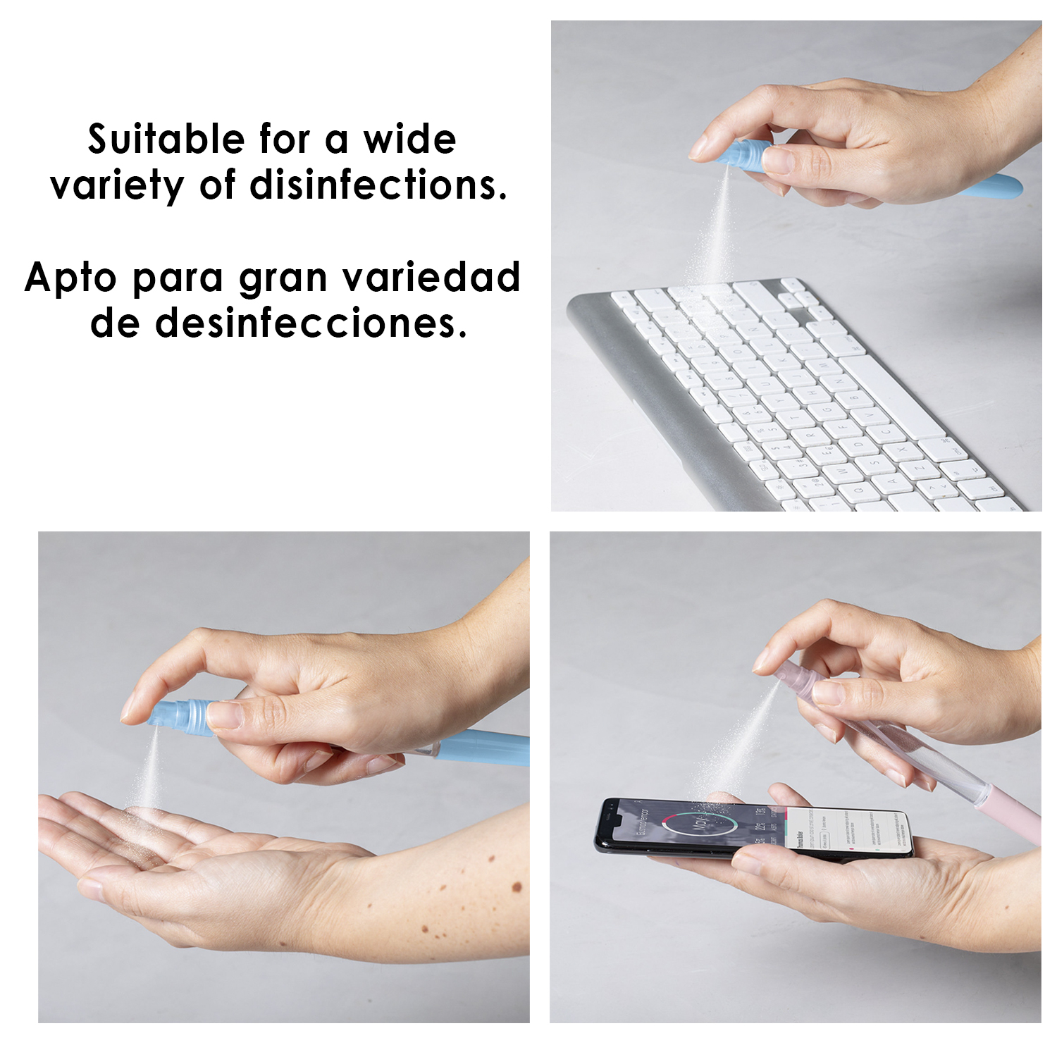 Manos rocían desinfectante en teclado, mano, móvil. Texto en inglés y español.