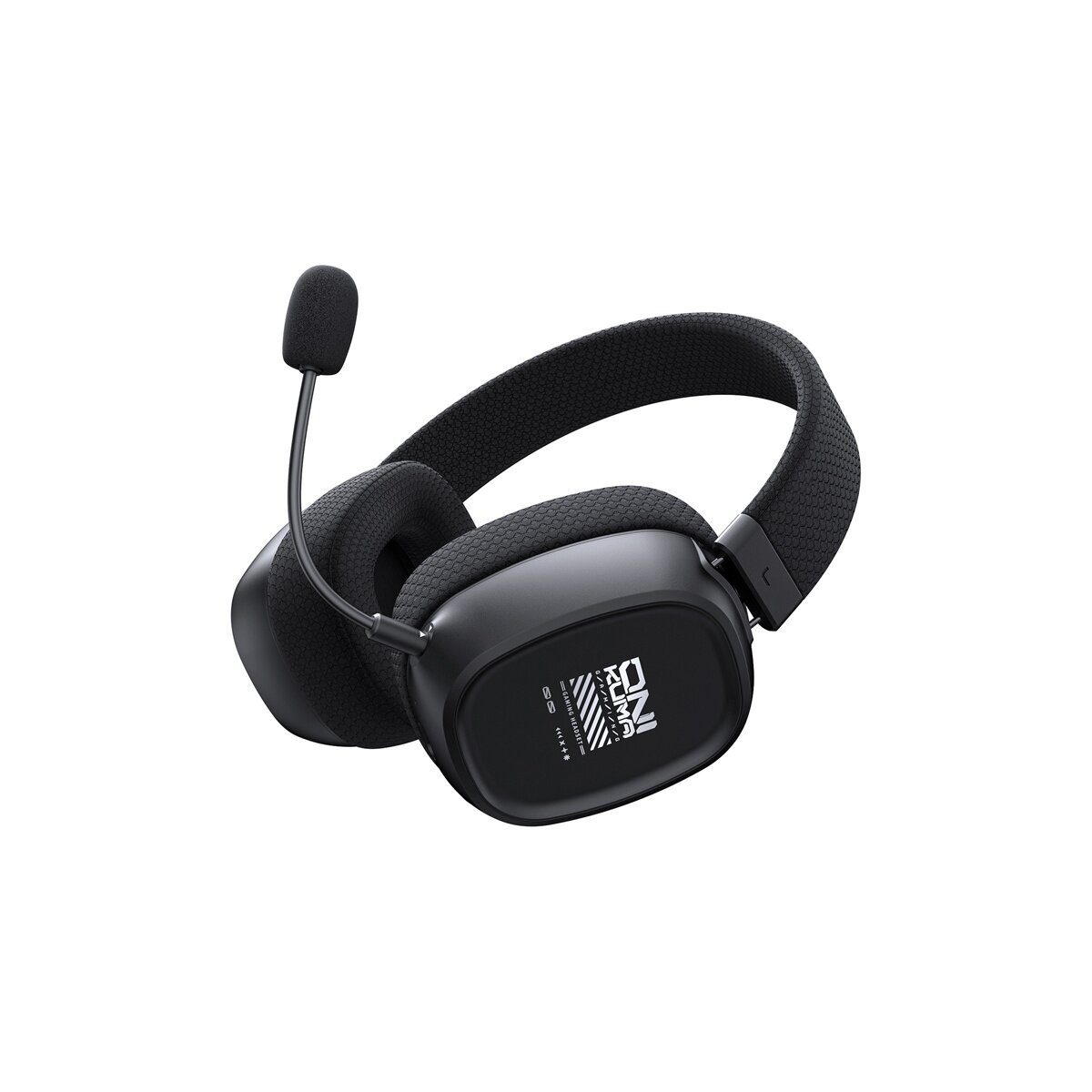Schwarzes Gaming-Headset mit Mikrofon und texturiertem Kopfbügel, Logo auf Ohrmuschel.