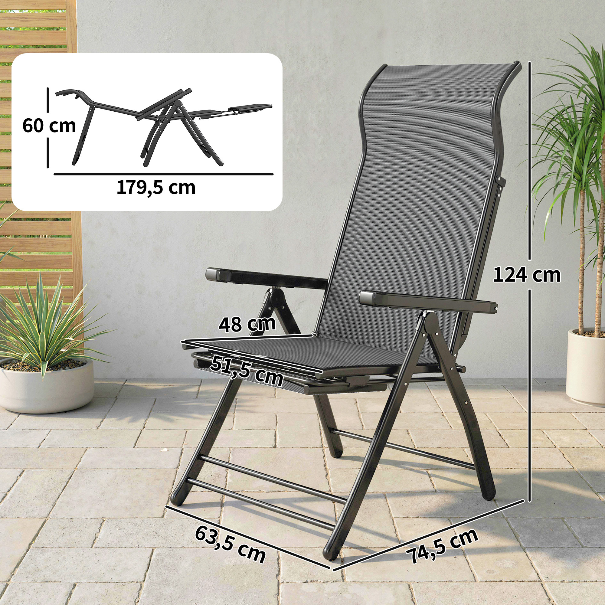 Silla plegable gris con dimensiones: alto 124cm, ancho 63,5cm, fondo 74,5cm.
