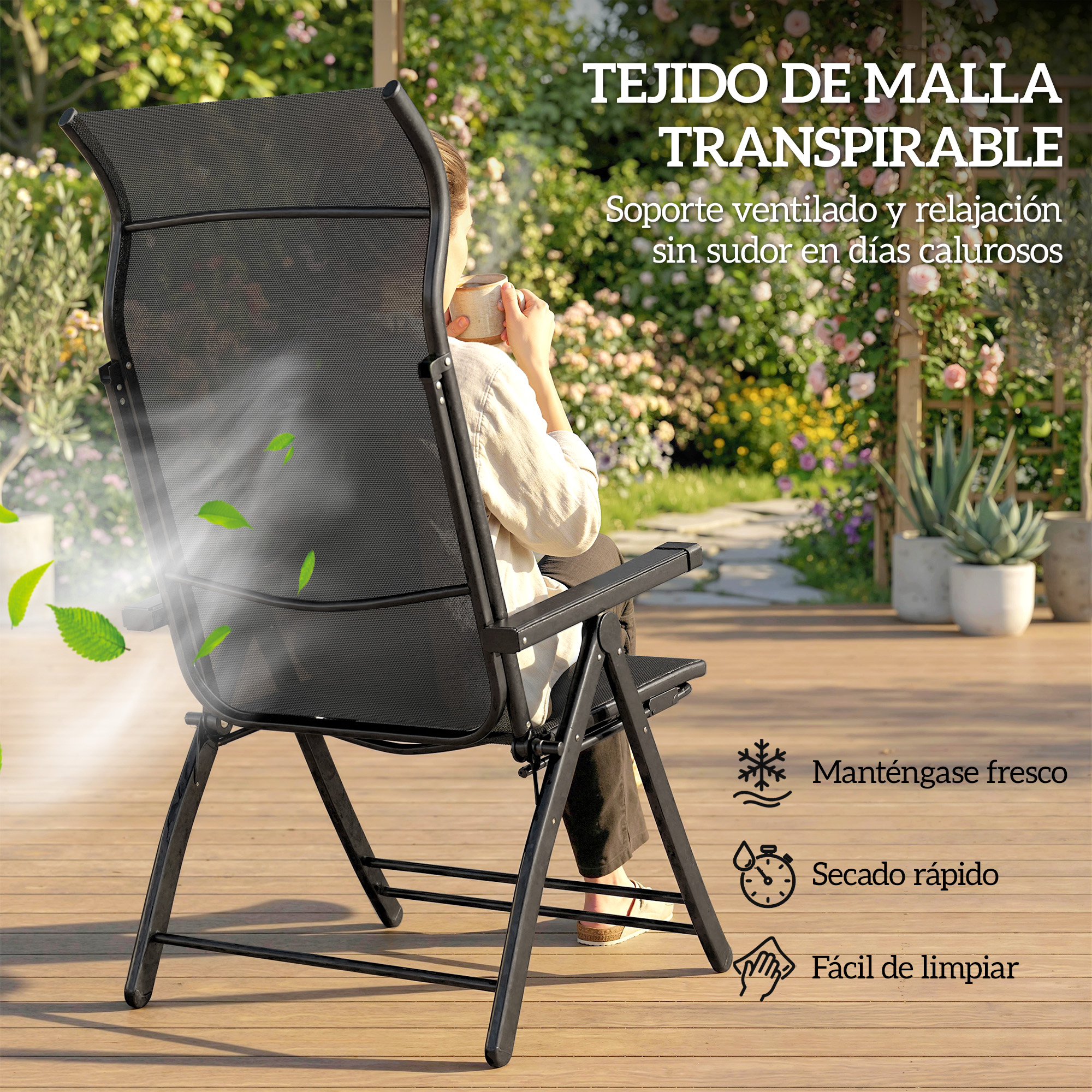 Una persona sentada en una silla de malla negra al aire libre, con vapor y hojas.