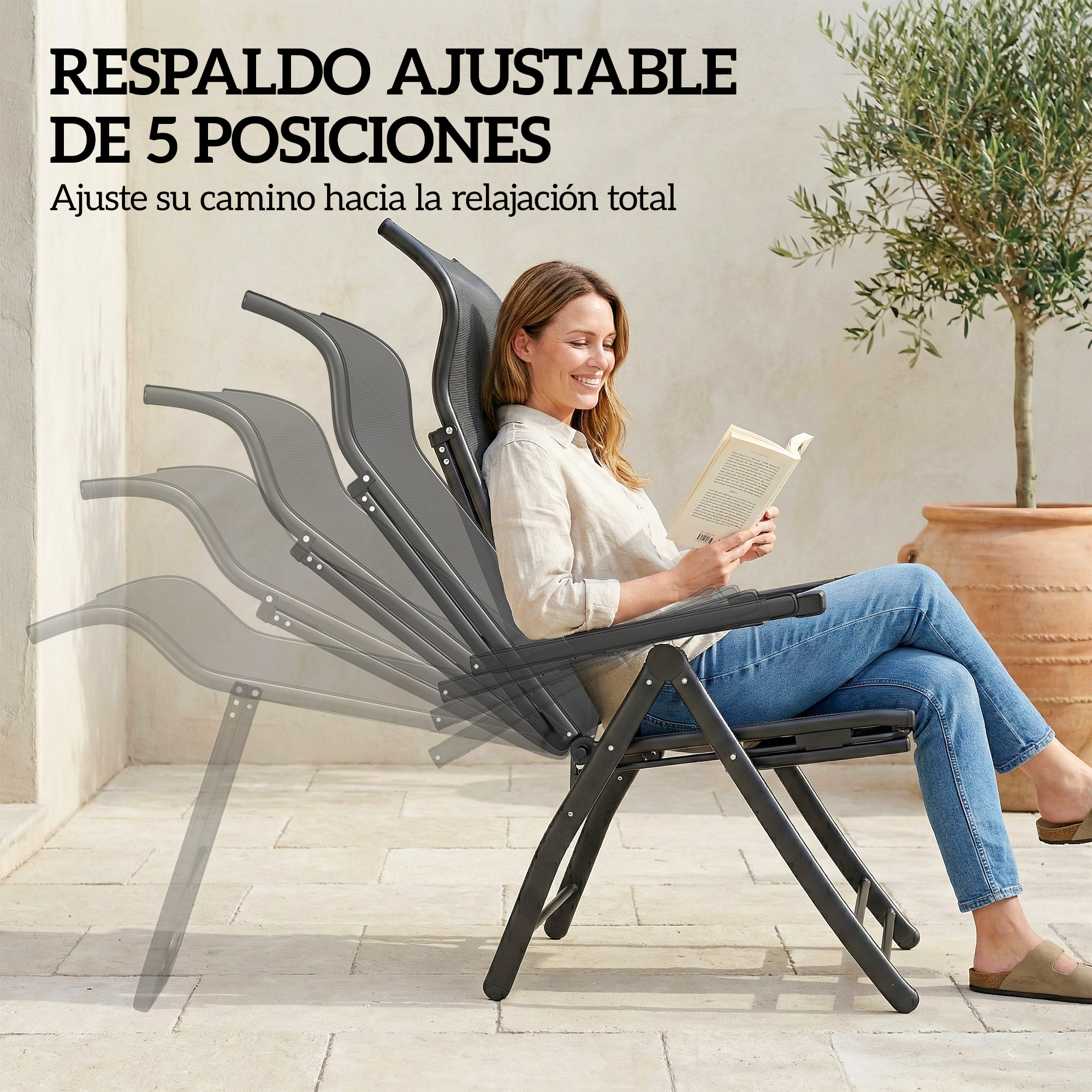 Mujer lee libro en silla ajustable al aire libre con olivo.