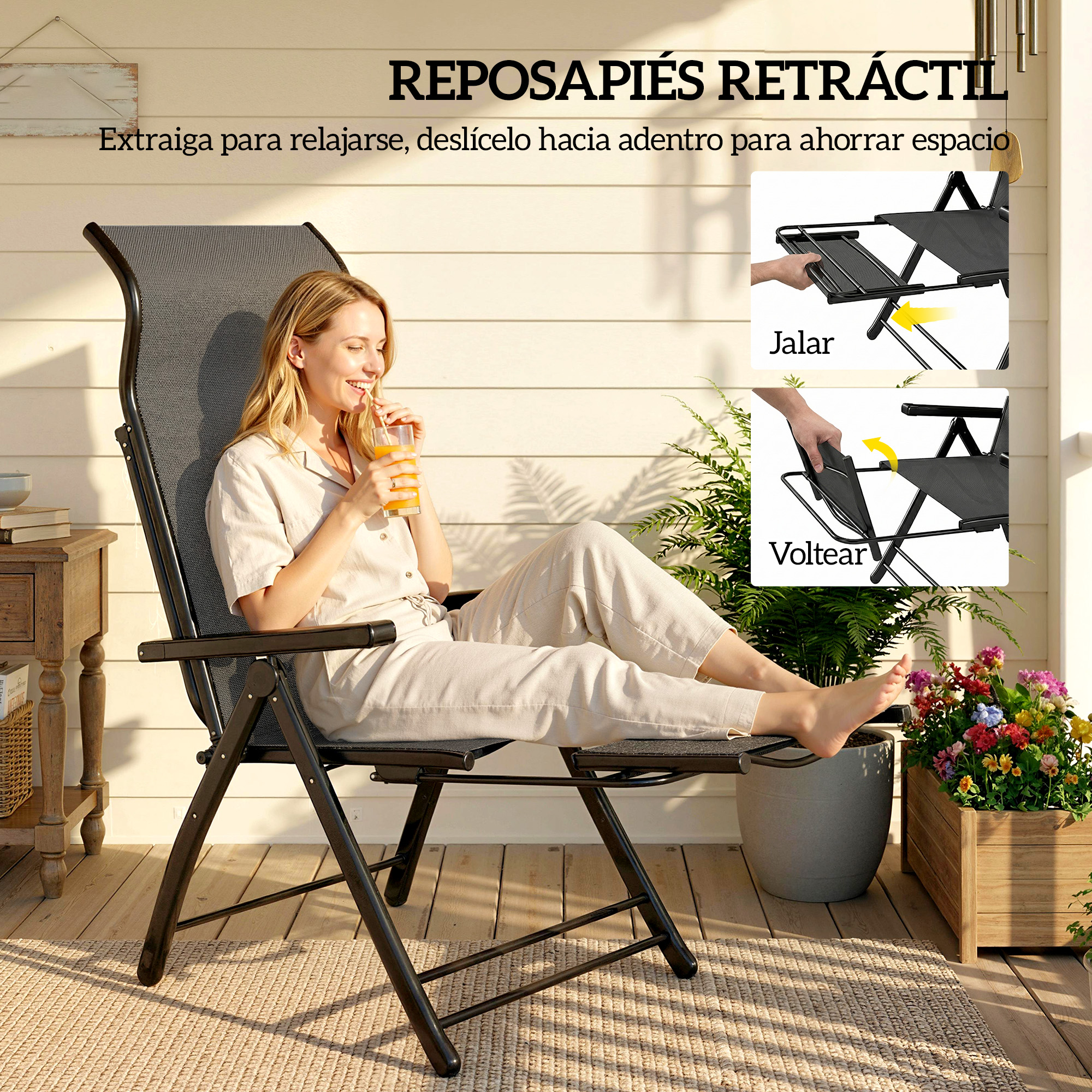 Mujer bebe en silla de patio con reposapiés retráctil, relajándose.