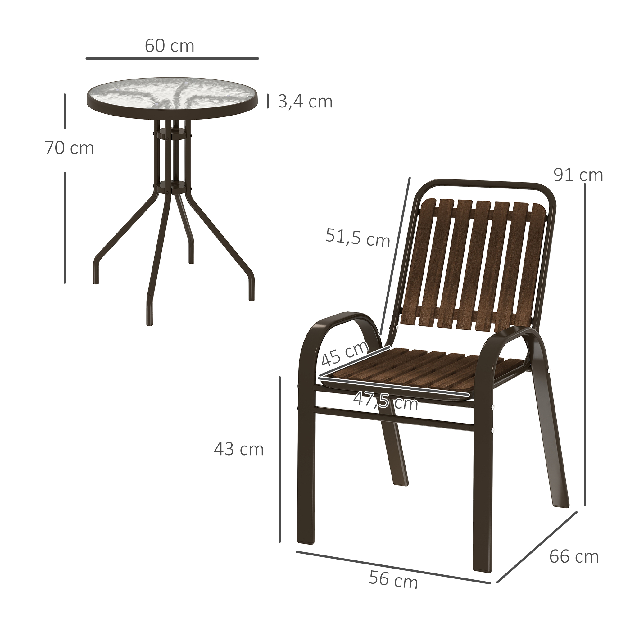 Mesa redonda de cristal (60cm Ø, 70cm H) y silla con listones de madera. Dimensiones indicadas.