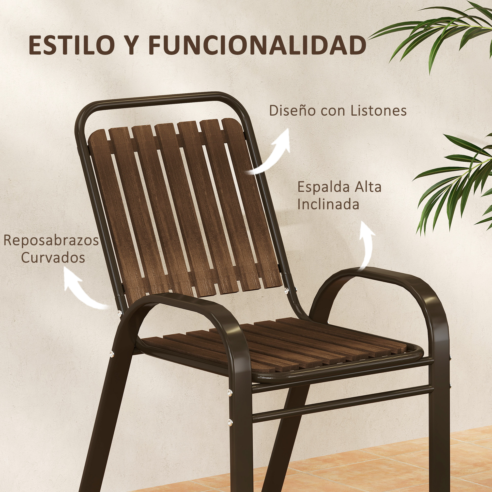 Una silla de exterior de madera con listones marrones, reposabrazos curvos y respaldo alto.