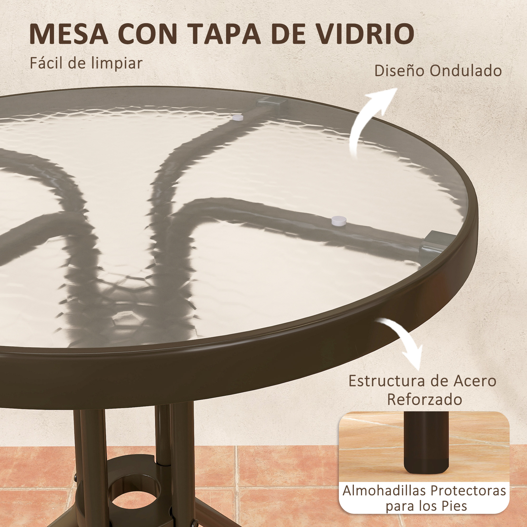 Mesa redonda con tapa de vidrio ondulado y estructura de acero.