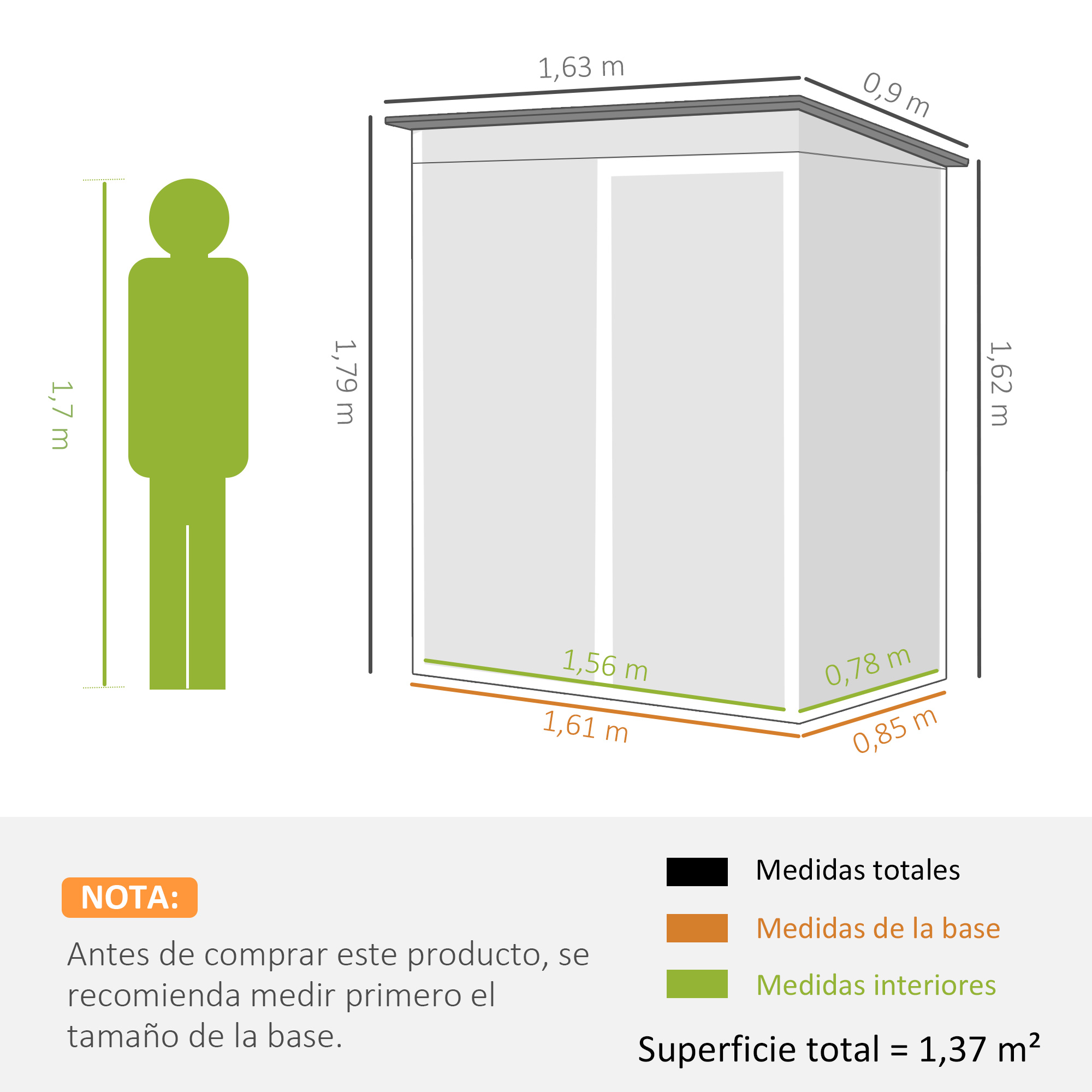 Ilustración con medidas: persona (1,7m), cobertizo (1,63x0,9x1,79m) y área base.