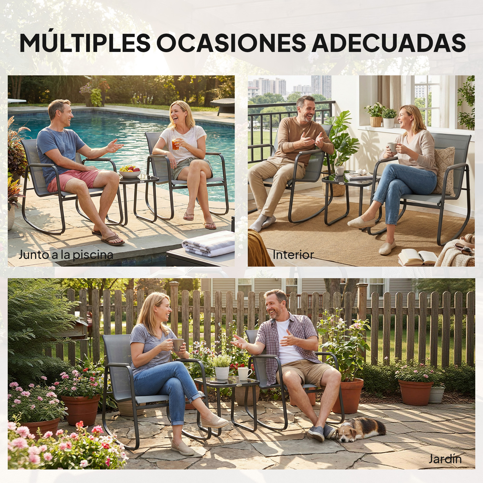 Dos parejas se relajan al aire libre en diferentes entornos.