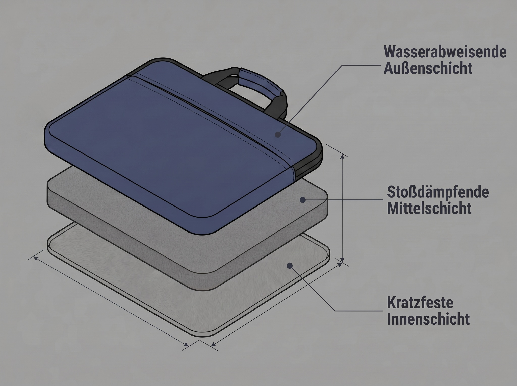 Explosionsansicht einer blauen Laptoptasche mit wasserabweisender, stoßdämpfender und kratzfester Schicht.