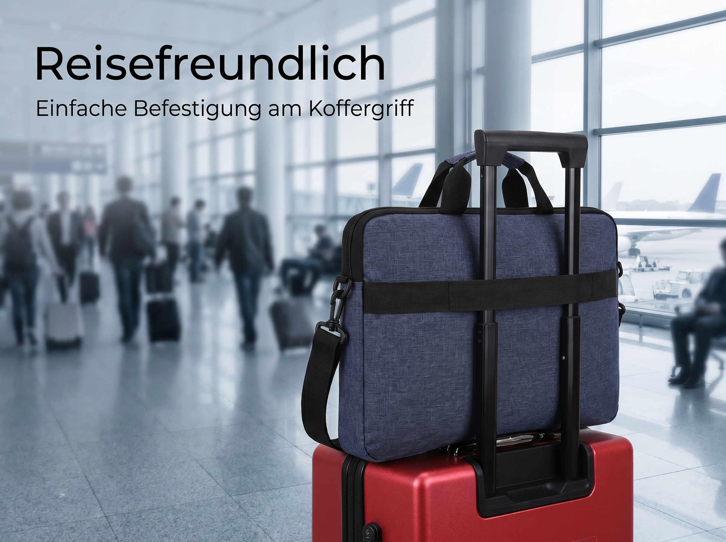 Blauer Laptop-Rucksack auf rotem Koffer in einem Flughafen-Terminal.