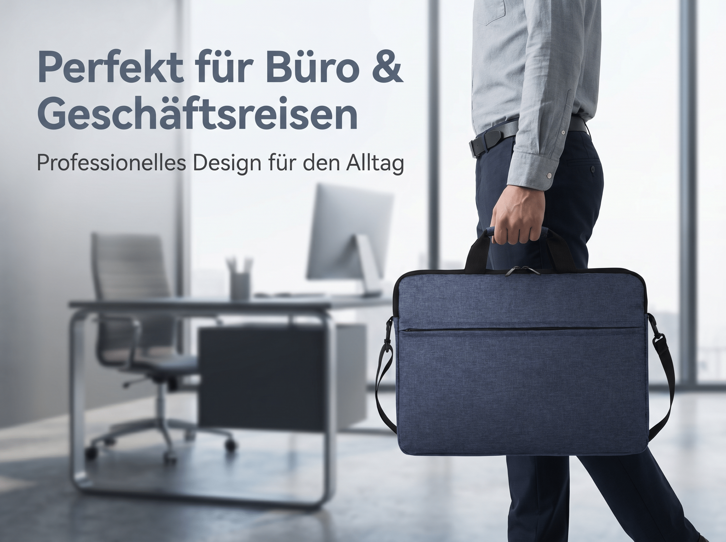 Mann in grauem Hemd und blauer Hose trägt blaue Laptoptasche im Büro.