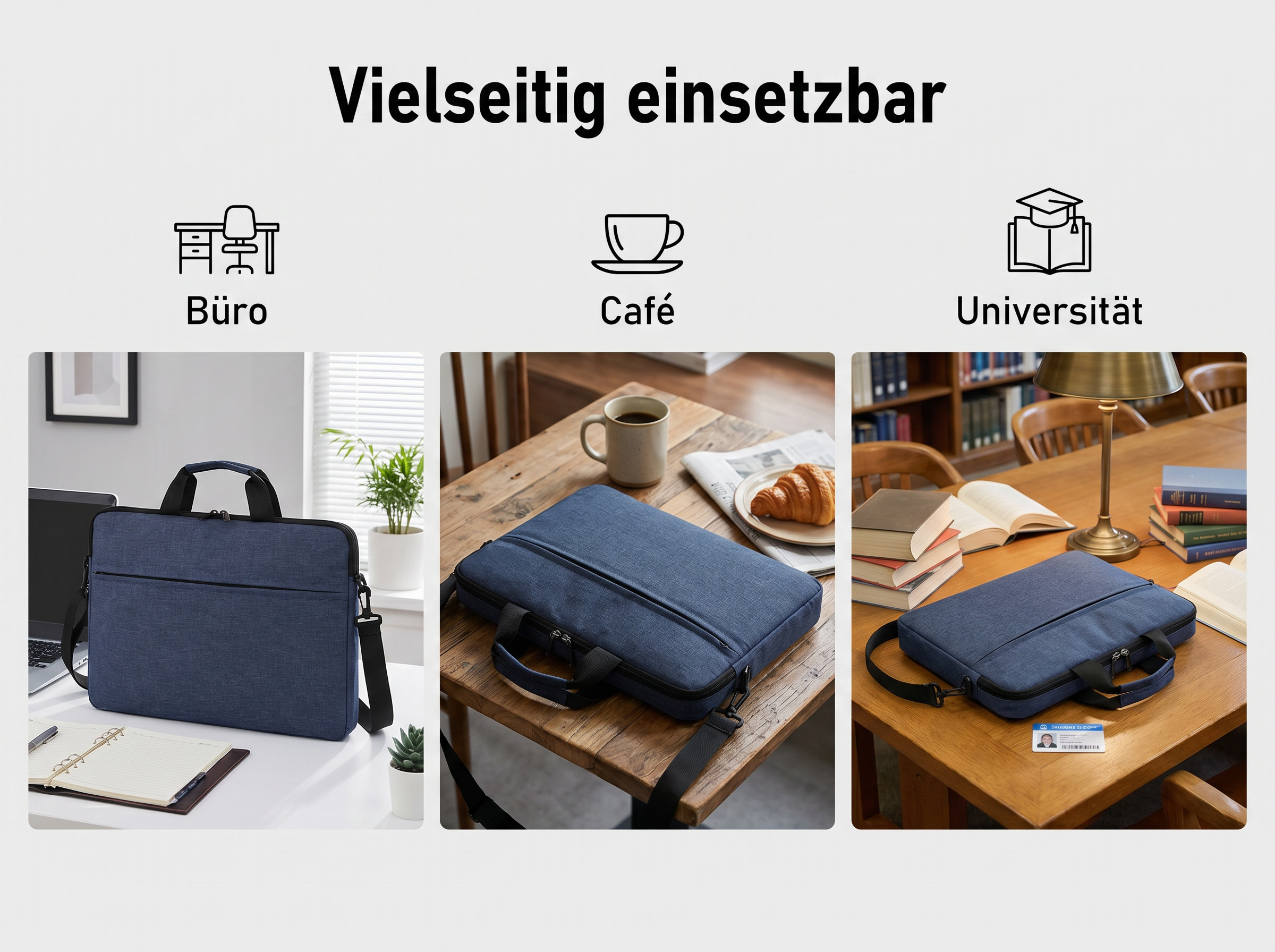 Drei Szenarien: Laptoptasche im Büro, Café und Uni. Blau, praktisch.