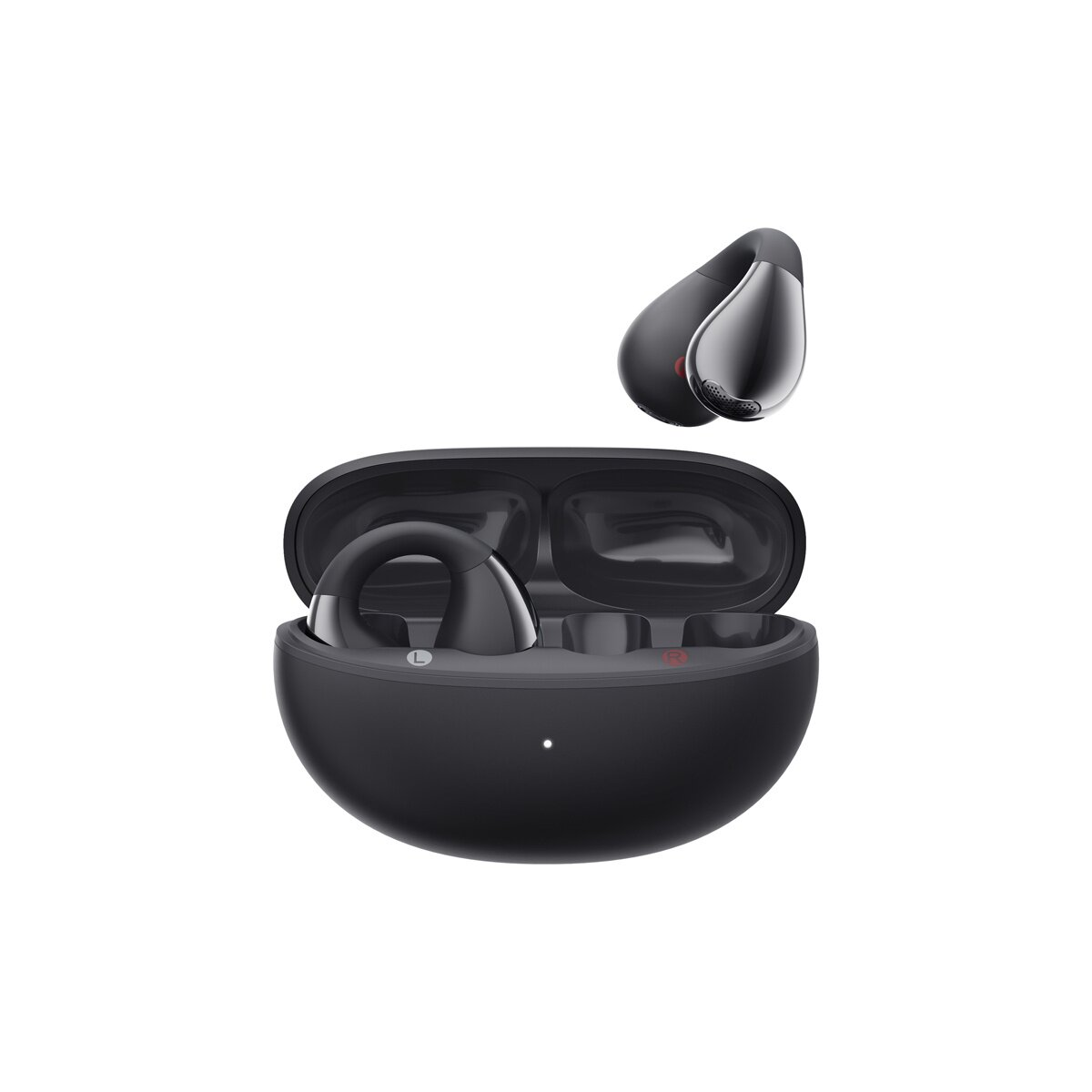 Auricolari wireless neri nella custodia di ricarica. Un auricolare fuori dalla custodia.