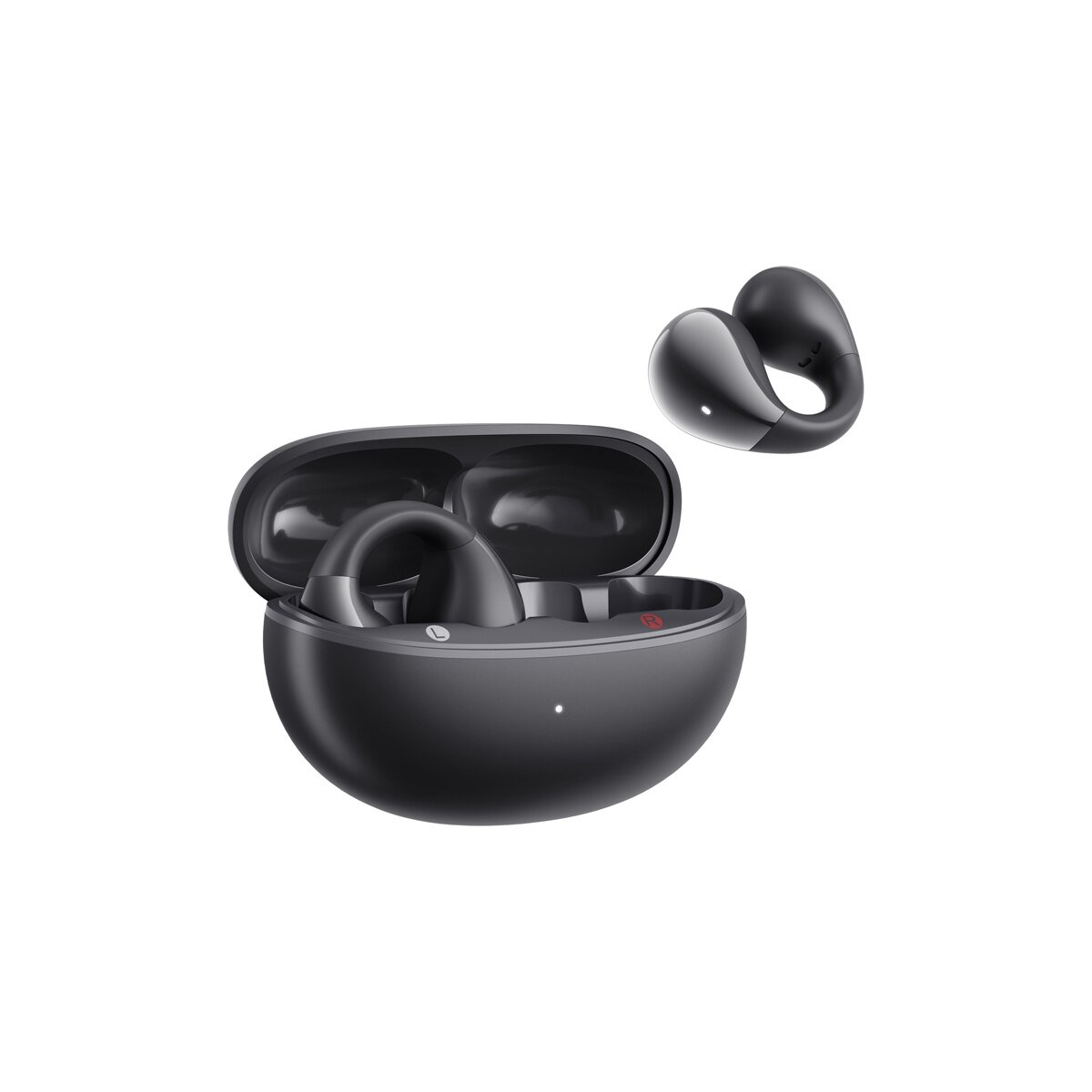 Auricolari wireless neri con custodia di ricarica, un auricolare fluttua.