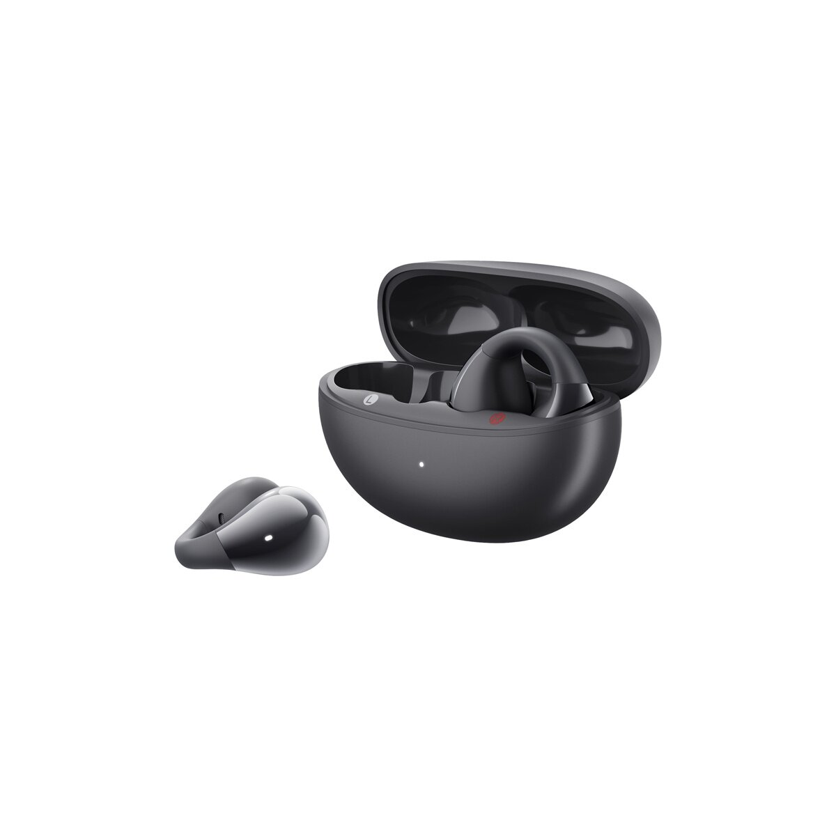Auricolari wireless in una custodia di ricarica aperta, con un auricolare accanto.