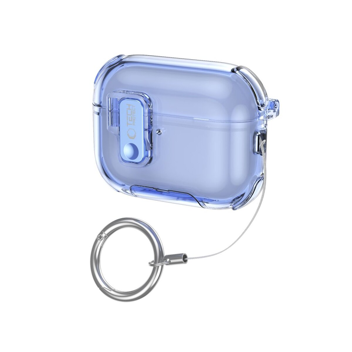 Eine transparente blaue Schutzhülle für Ohrhörer mit einem silbernen Karabiner.