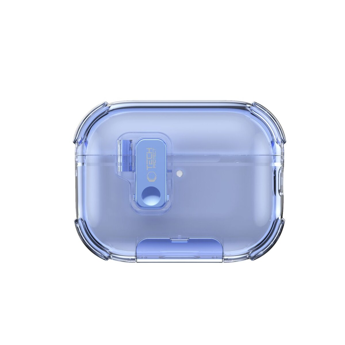 Eine durchsichtige, blaue Hülle für Kopfhörer mit einem Riegel und Logo.