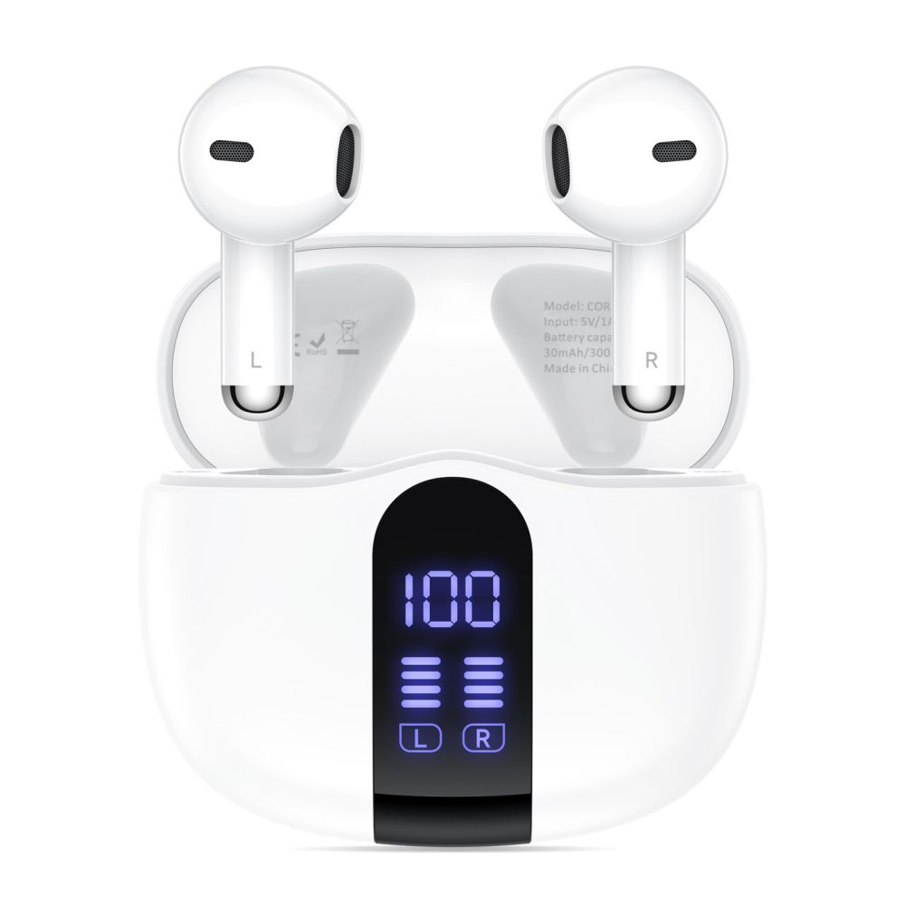 Auricolari wireless bianchi in una custodia di ricarica con display digitale che mostra 100% di batteria.